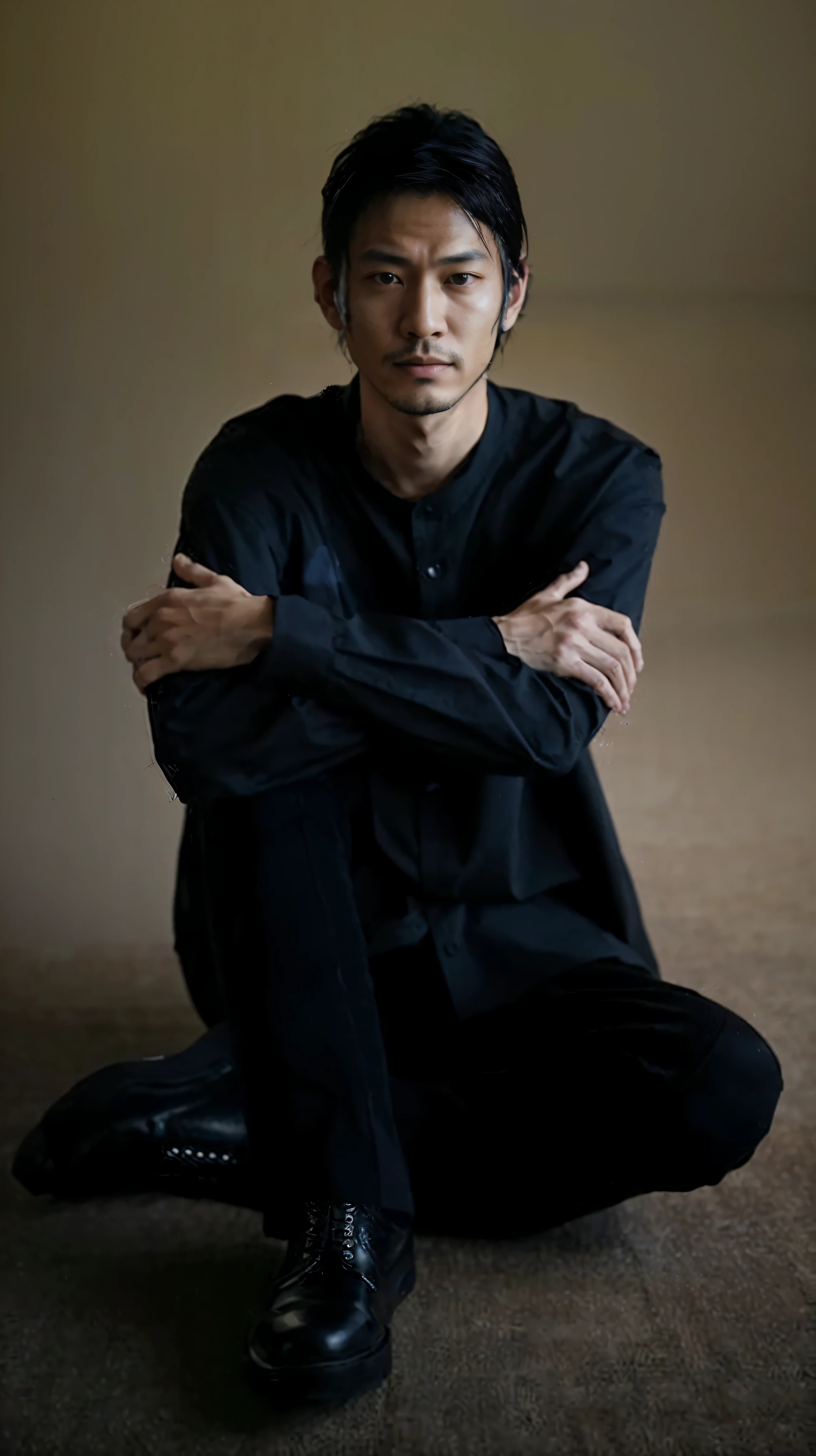 arafed man in a black shirt and black pants sitting on the floor, tomohiro shimoguchi, kousuke oono, yusuke nakano, ((tatsuro yamashita)), dramatic portraiture of uuen, inspired by Itō Ogura Yonesuke, junichi oda, editorial portrait