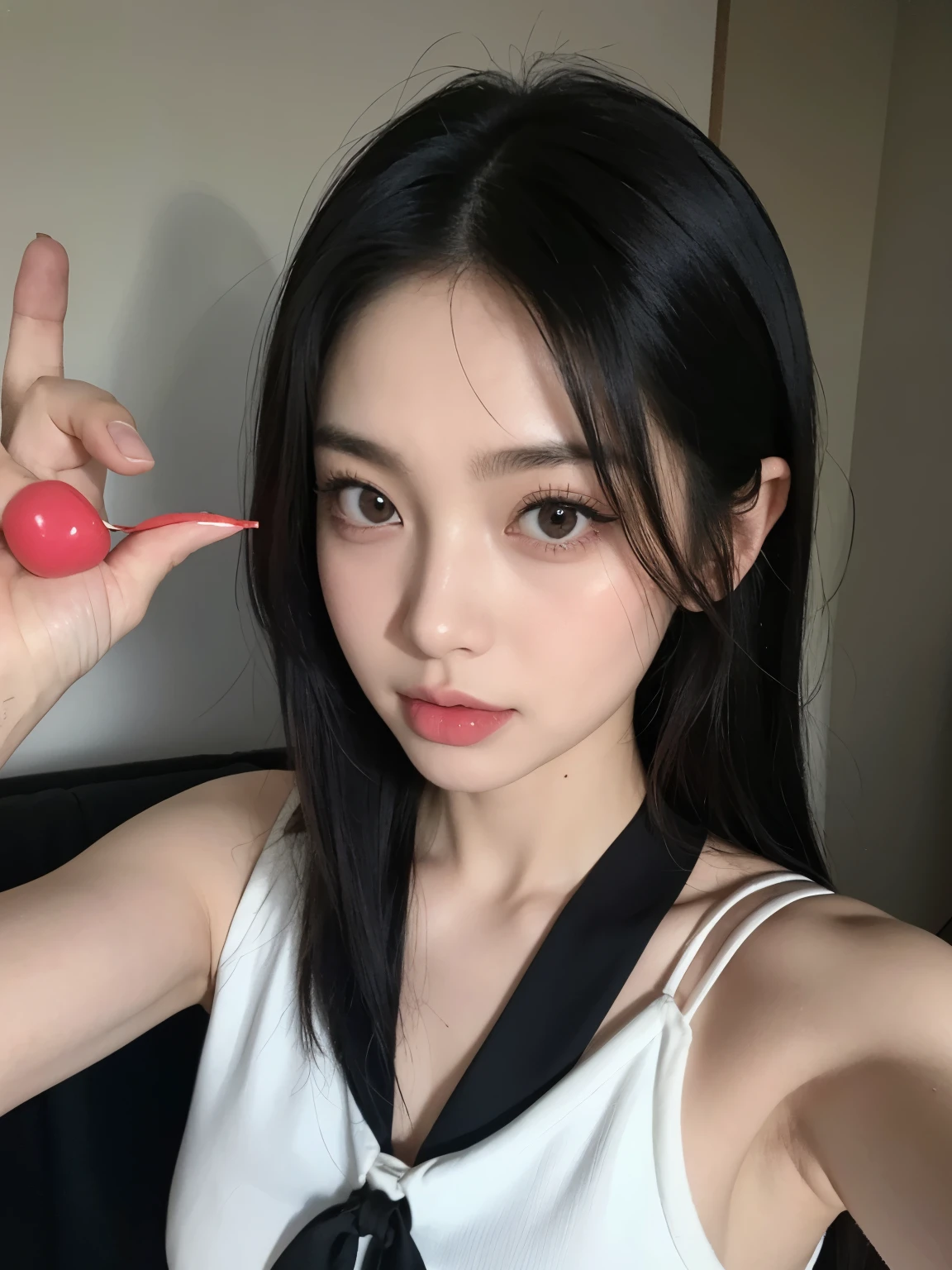 Kim jennie con el cabello negro oscuro, con rulos en las puntas del cabello negro oscuro, con un ganchito de estrella en el cabello negro oscuro, ojos de color claro, ojos bonitos, ojos llorosos, nariz bonita y respingada, labios bonitos, labios rosas, heart and cupid shaped lip, piel bonita, pale, piel blanca, con lunares y pecas en todo el rostro, rubor rosa suave en las mejilla, rubor rosa natural, maquillaje suave y rosa, jennie, cuellos bonito, cuello marcado, frown, mirada enojada, con un collar de beso, un collar bonito de beso, mientras tiene un traje de Yumeko Jabami, cospaly de Yumeko Jabami, mientras tiene el abdomen desnudo, delgado, marcado y bonito, (pechos grandes, pechos suaves, pechos bonitos, pechos naturales), mientras esta haciendo cospaly del personaje Yumeko Jabami, del anime Kakegurui, mirando a la camara, autofoto, selfie bonita