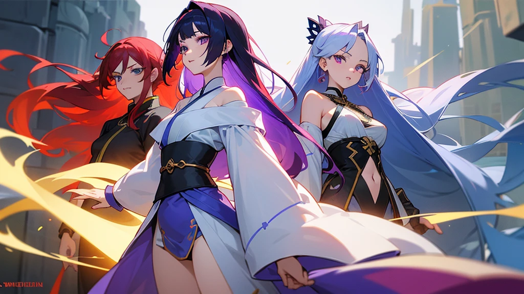 four people,woman,There is a sense of distance,Sexy off-the-shoulder,Open navel,Hanfu,red hair purple eyes,Blue hair and green eyes,Black hair, blue eyes,White hair and golden eyes,Take a sword,Want to fight