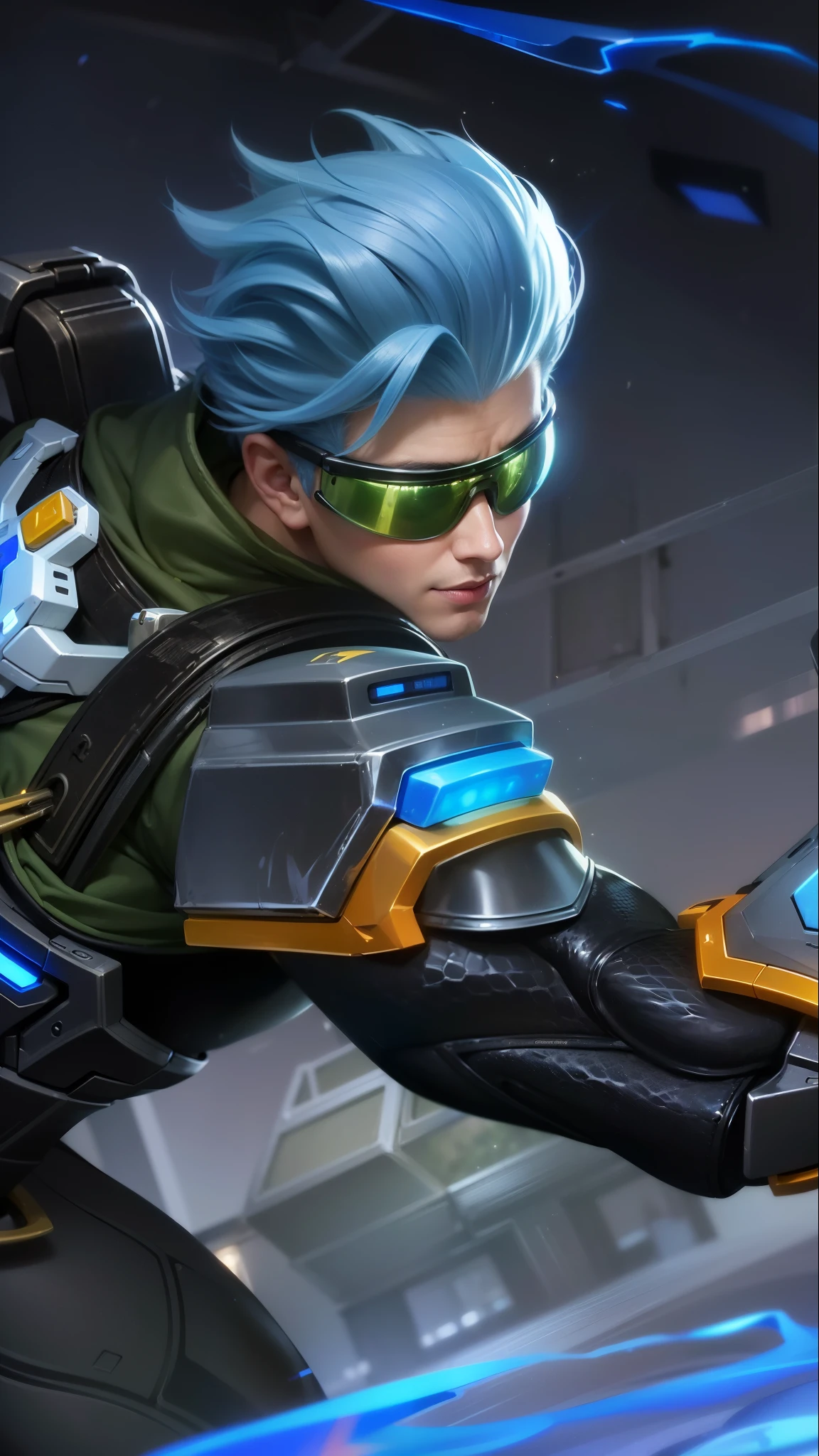 a close up of a boy with a blue hair and a gun, sigma from overwatch, tracer game character, splash art, character splash art, iconic character splash art, sigma male, official splash art, league of legends character, tracer, style league of legends, kda, amazing portrait of viego, league of legends splashart, masterpiece, ((perfect eyes)) best quality, (semirealism:1.9), beautiful lighting, (extremely detailed CG unity 4k fhd wallpaper), High Detail, Sharp focus, dramatic outdoors, 1 boy ,19 years old, 8k, ultra hd, ultra detailed texture, hyper realistic, masterpiece, detailed texture, detailed face, detailed skin, detailed lighting, (photorealistic:1.5), best quality, beautiful lighting, cinematic lighting, professional lighting, ultra highres, realistic, detailed hair, real hair, high quality, (realskin:1.5), extremely detailed, finely detail, ultra-detailed, smile.