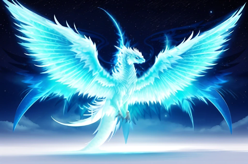 A white bird with blue wings flying in the sky, blue phoenix bird, huge white glowing wings, Phoenix Dragon, offanim (Ophanim) Have bird wings, Glowing feathers, frost dragon, ''Phoenix wallpaper, ''Phoenix wallpaper resting, ethereal wings, flying mythical beast, Phoenix Rising, Phoenix's artwork, blue eyed white dragon, glowing angel, crystal dragon