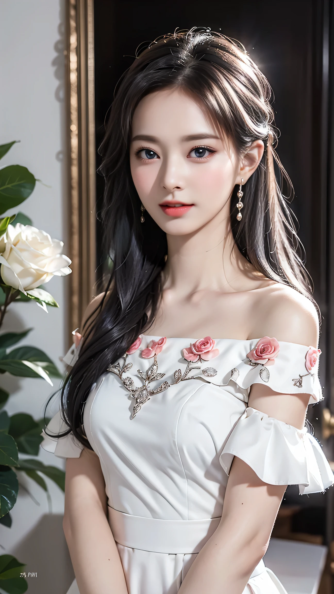 top quality work,Actual work,Ultra Premium Graphics,8K HD CG works,high quality graphics,High-definition CG works,10x pixels,super fine details:1.1,Advanced technical details:1.1Photo-realistic,Indoor Lighting Effects:1.5,Natural light:1.5. light effect(virtual light effect:1.8),超A high resolution,shiny red dress,長いsilver hair,silver hair,transparent hair,high detail hair(premium hair detail:1.1)clear eyes,beautiful double eyelids,sharp eye makeup, delicate eyelash makeup, thin eyebrows, highly detailed eyes,high nose, nice red lips, rose cheeks, A face with delicate makeup , cute face, perfectly proportioned face,(Advanced facial details:1.1),shiny、girls school uniform,bright red series,(Off-shoulder white dress with floral pattern),Photo shoot in front of the mirror,woman'artwork of,full body figure,realism,wonderful,My eyes are shining today(smile)