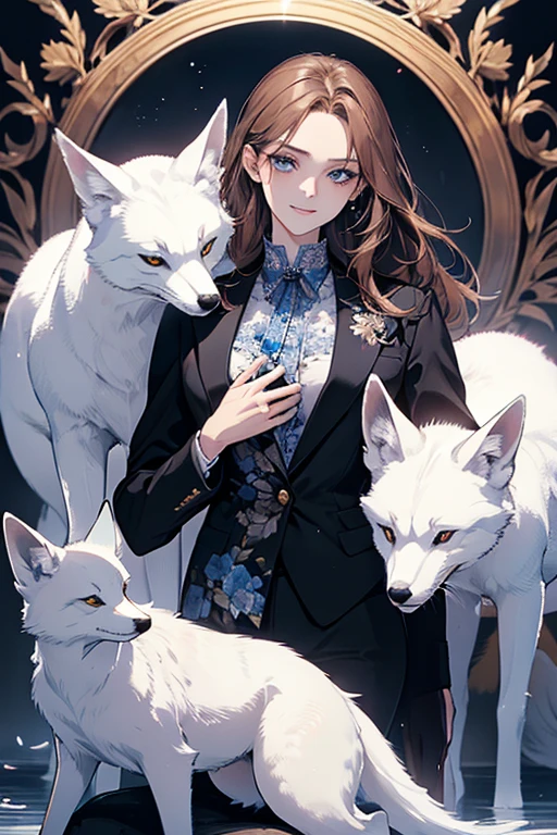 (highest quality,High resolution,Super detailed),1 girl, Beautiful and detailed light blue eyes, brown hair, cold smile,Resentment,Resentful,Blue floral ornamentwo
後ろで結んだストレートロングヘア, wearing a black suit, mature woman, 25 years old,Cruel smile, calm and calm, slender body shape, pale complexion, thin, calm, secretary,He is accompanied by a large white fox.,Carrying a big white fox,Blue floral ornament