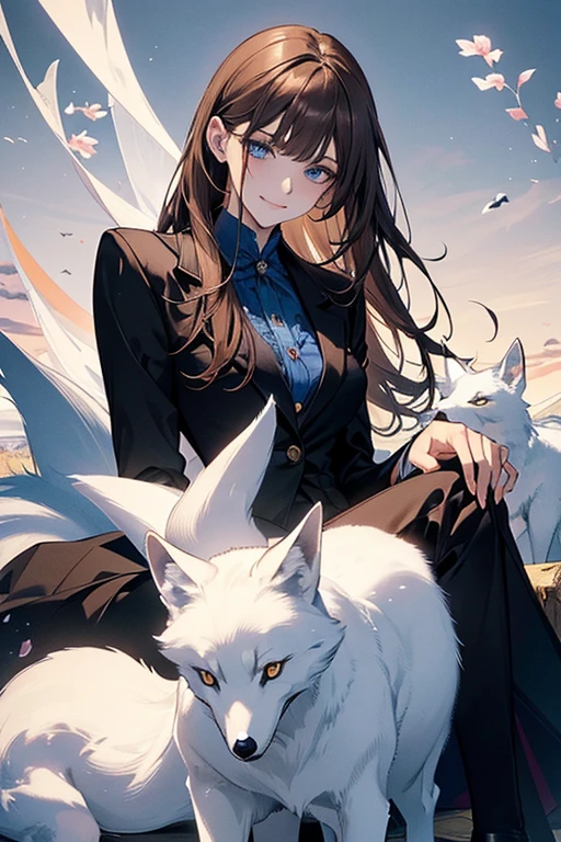 (highest quality,High resolution,Super detailed),1 girl, Beautiful and detailed light blue eyes, brown hair, cold smile,Resentment,Resentful,Blue floral ornamentwo
後ろで結んだストレートロングヘア, wearing a black suit, mature woman, 25 years old,Cruel smile, calm and calm, slender body shape, pale complexion, thin, calm, secretary,He is accompanied by a large white fox.,Carrying a big white fox,Blue floral ornament