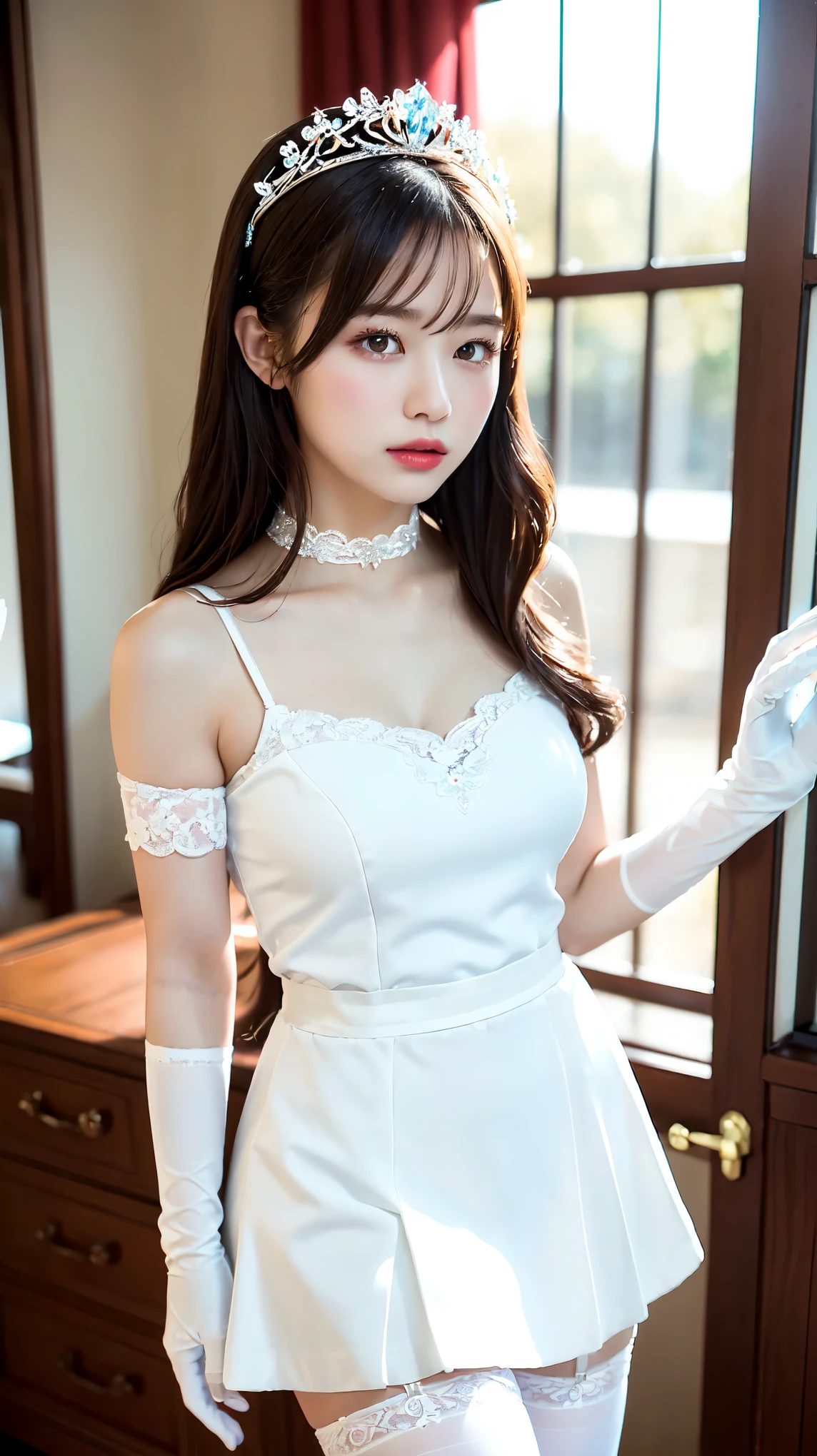 white wedding dress、(White Princess Line Wedding Dresser Tiara、white choker、white lace gloves、white pantyhose:1.2),(white skirt、beautiful embroidery、White lace garter belt:1.2),Beautiful Necklace, Hotel、perfect proportions、cute、((18 year old female:1.2))、young adorable japanese face,official art,Highly detailed CG Unity 8K wallpaper,(masterpiece:1.0),(highest quality:1.0), 超A high resolution,4k,Super detailed, photo shoot, 8K, nffsw, High resolution, kodak portrait 400, film grain, lens flare glow,高いest quality,8K,nffsw:1.2),portrait shot,8K、View viewer