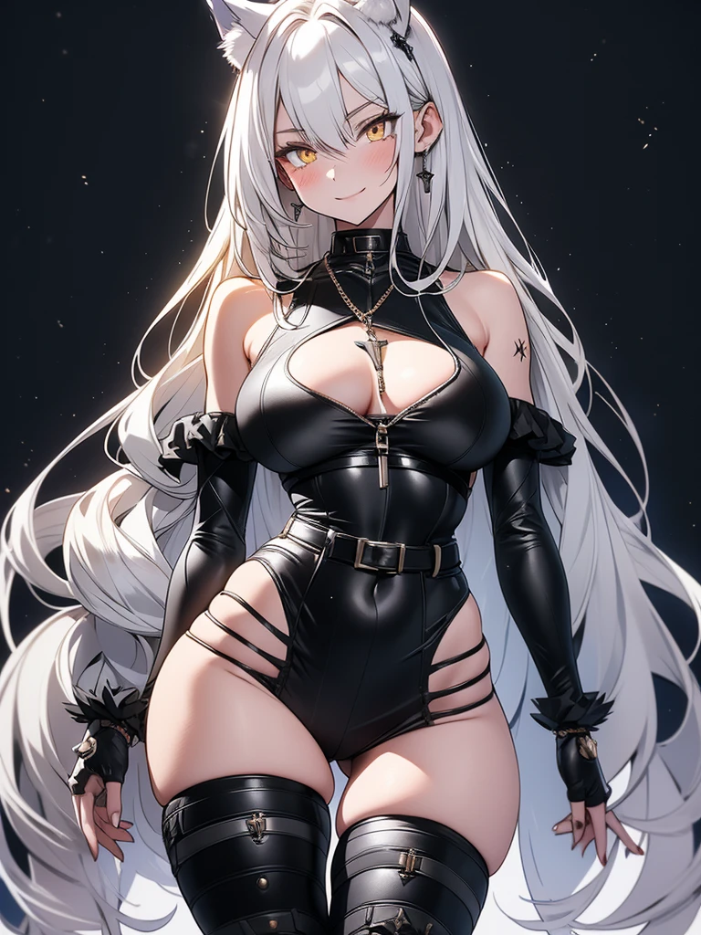 8K, Full body portrait, tall girl, single beautiful young woman, white pale skin, smooth skin, especially detailed face, masterpiece, wallpaper, highlydetailed face, ultra-detailed face, beautiful and aesthetic wolf tailed girl, athletic body, pale white skin, big breasts, curvy, busty, big ass, hourglass figure, long hair, gray-silver hair, a cute wolf young woman, wolf ears, long wolf tail, fluffy wolf tail, wolf-like irises, beautiful, enchanting, bright yellow eyes, detailed eyes, ultra-detailed eyes, accurate eyes, detailed irises, correct body proportions, elegant, small vertical scar under right eye, small rosy lips, big breasts, slender elegant arms, pretty hands, detailed hands, charming, slight blush, shy smile, metal armor, black bike shorts and skirt with stylish metal chains and a black top, detached sleeves, light black armor, armored long bike shorts and skirt on top of them, two piece outfit, black armored fur cloack, black metal armor, silver metallic ornaments, bare off shoulders, toned abs, exposed belly, standing pose, cute pose, black thighigh on left leg, slight shy grin, sole girl