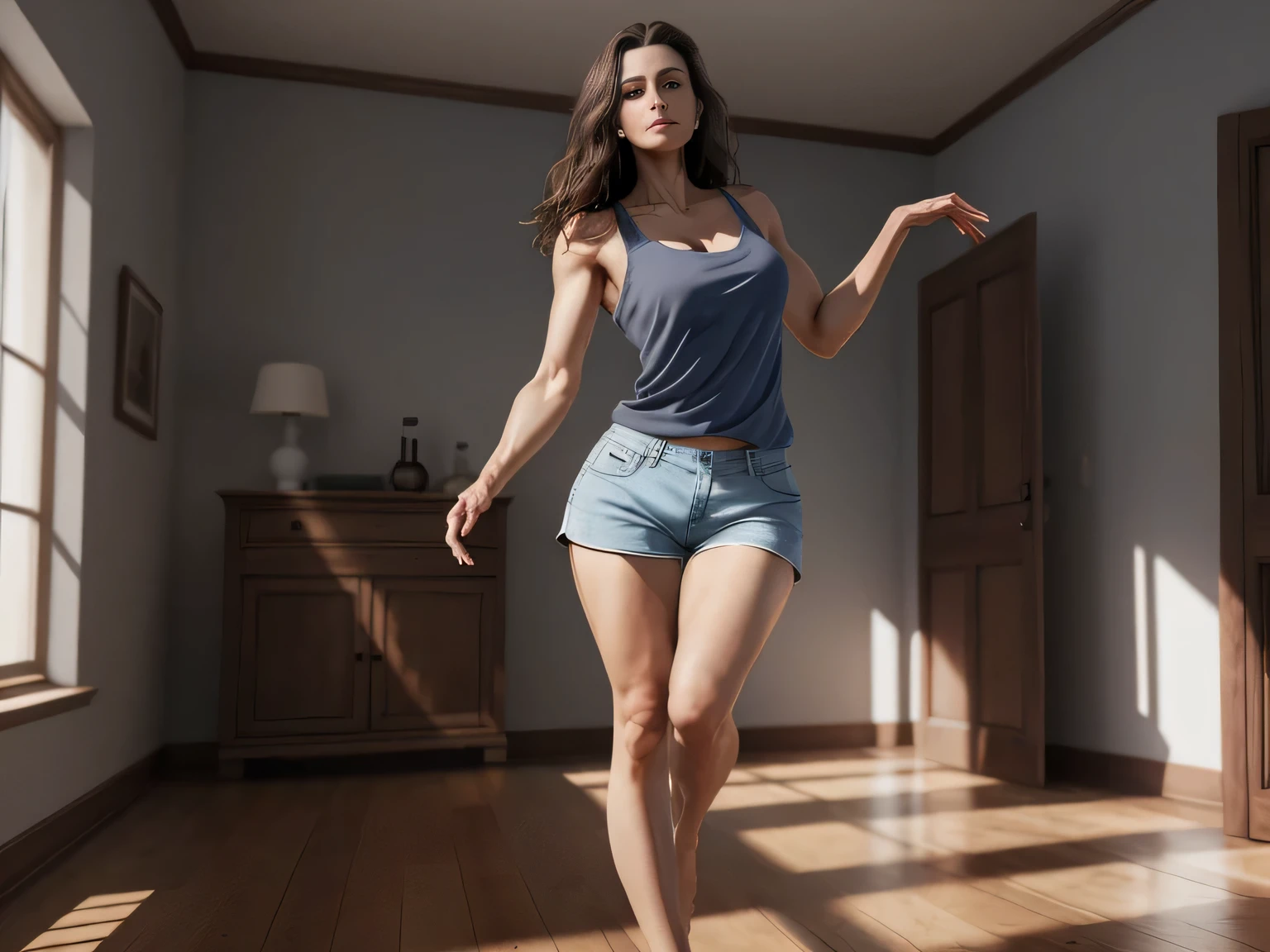 RAW, Best quality, high resolution, Masterpiece: 1.3, Beautiful brunette. Best quality, high resolution. Sexy, Cleavage, Long legs, 1 woman, ,Exposed chest, Dark brown eyes, Realistic, Detailed, Full body. Woman dancing in a room, wearing gray shorts and a blue tank top, around 35 years old, woman in good physical condition. Masterpiece, best quality, (best quality), realistic lighting, 8k.