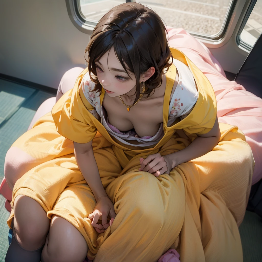 1 girl ,highest quality, ultra high resolution, highly detailed skin, Physically based rendering, small breasts, flat chest, down blouse,(14 year old Japanese student, Decorative detailed bra , overlap short sleeve princess dress, small breasts, sensual ),sitting,  lean forward on the train, short hair, necklace ,close,From top left ,focus on the chest ,high brightness 