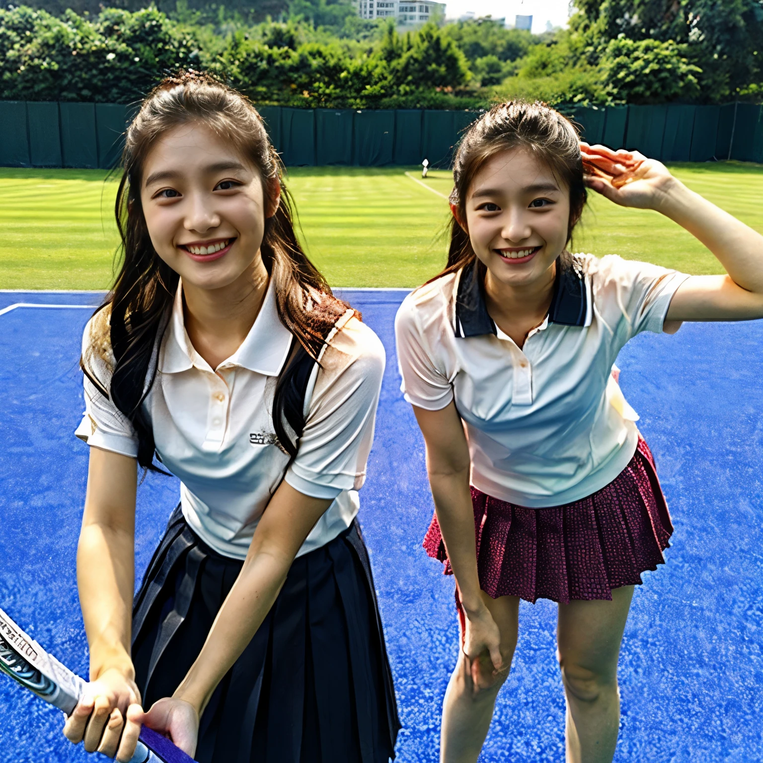 Identical twin sisters hugging、highest quality, masterpiece, ultra high resolution, (realistic:1.4), Raw photo, 15 year old girl, ((leaning forward):1.3), ((From above)), (She is wearing a white polo shirt and a pale pink pleated tennis skirt.), (Very cute face like the most popular Japanese idol, Very childlike, ((very beautiful big black eyes)), very beautiful hair, very beautiful skin, very beautiful long eyelashes, very beautiful lips, Very beautiful valley, innocent smile, dynamic pose, A tennis shirt with attention to detail, detail tennis pleated skirt