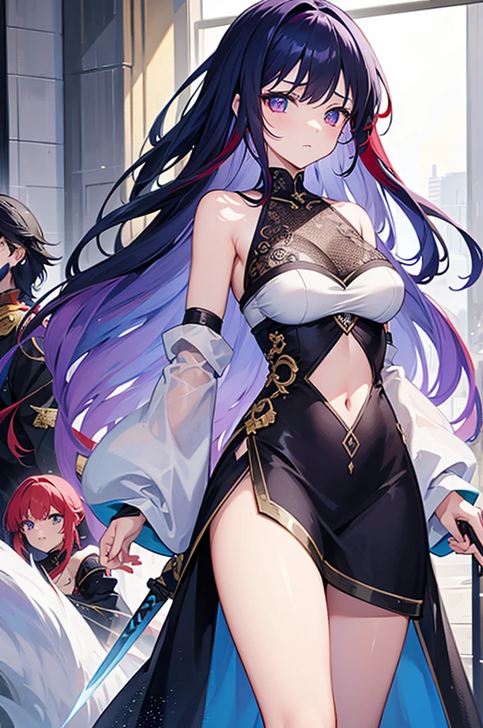 four people,woman,There is a sense of distance,Sexy off-the-shoulder,Open navel,Hanfu,red hair purple eyes,Blue hair and green eyes,Black hair, blue eyes,White hair and golden eyes,Take a sword,Want to fight