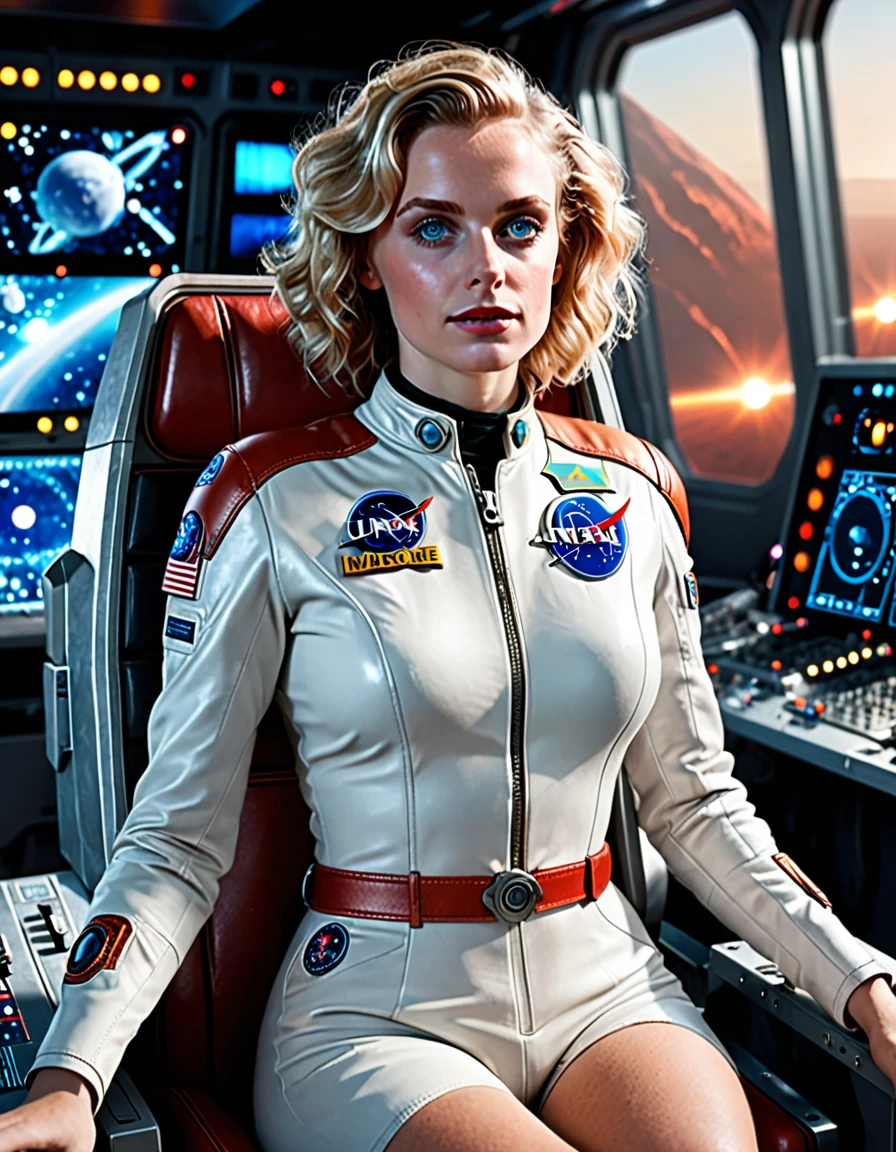 (masterpiece, best quality, illustration, unreal engine 5, official art:1.3), Rich Red color scheme, Don Lawrence hyper realistic picture of 24 yo Blond Haired [Marilynn Monroe:Maude Adams:0.45] as a Female Space Explorer, a technocratic, omnivorous, iridescent, astronaut commander, (sitting in a starbase control room:1.2),detailed face, detailed hair, detailed eyes, perfect fingers, insanely intricate detail, absurdres, 8k