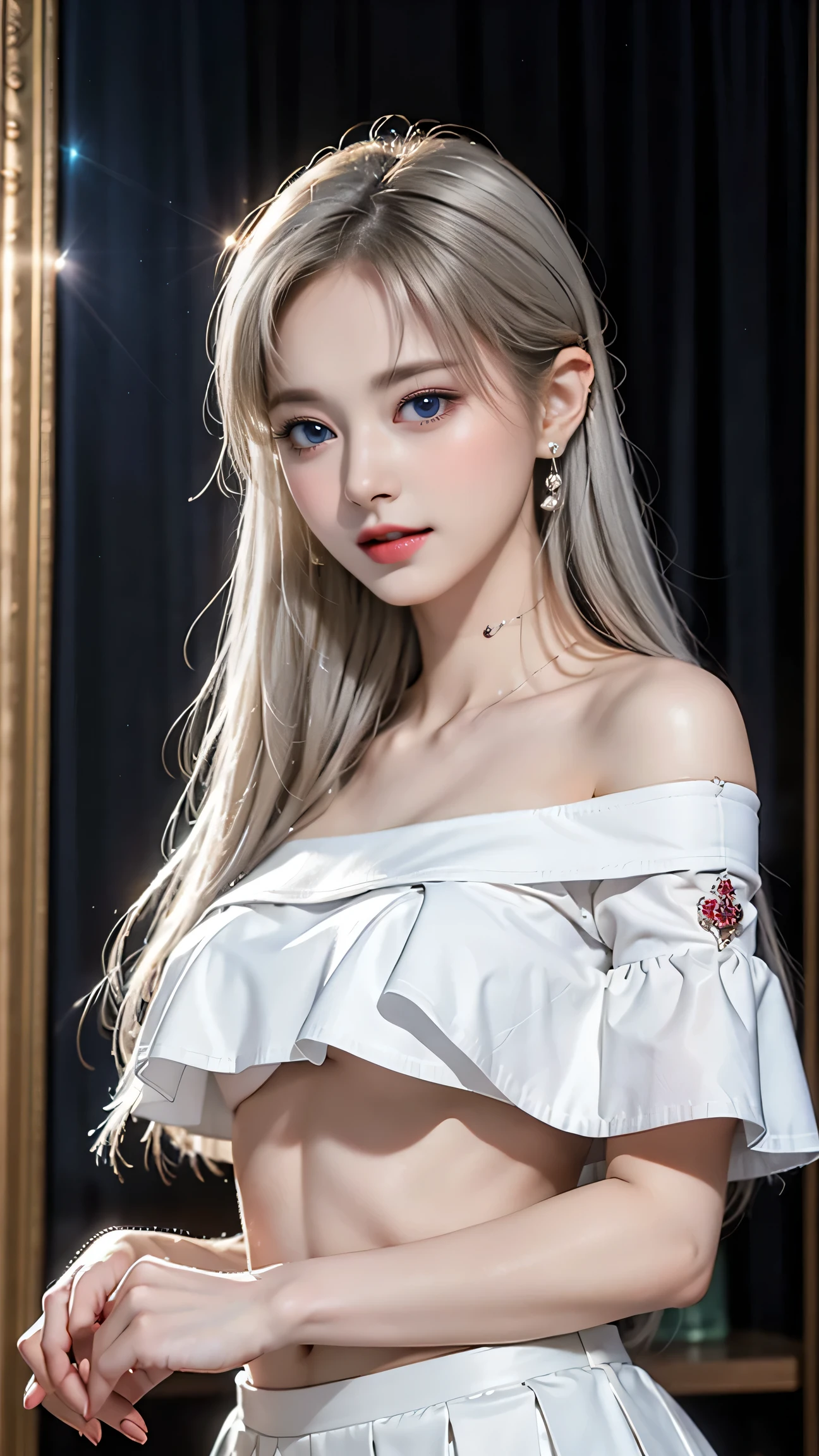 top quality work,Actual work,Ultra Premium Graphics,8K HD CG works,high quality graphics,High-definition CG works,10x pixels,super fine details:1.1,Advanced technical details:1.1Photo-realistic,Indoor Lighting Effects:1.5,Natural light:1.5. light effect(virtual light effect:1.8),超A high resolution,shiny red dress,長いsilver hair,silver hair,transparent hair,high detail hair(premium hair detail:1.1)clear eyes,beautiful double eyelids,sharp eye makeup, delicate eyelash makeup, thin eyebrows, highly detailed eyes,high nose, nice red lips, rose cheeks, A face with delicate makeup , cute face, perfectly proportioned face,(Advanced facial details:1.1),shiny、girls school uniform,bright red series,(off shoulder white blouse,check skirt),Photo shoot in front of the mirror,woman'artwork of,full body figure,realism,wonderful,My eyes are shining today(smile)