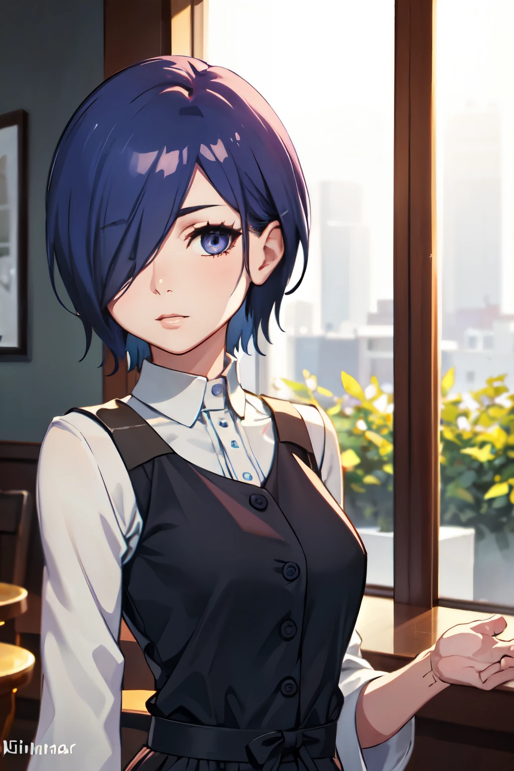 ((best quality)), ((masterpiece)), (detailed), perfect face
Girl, blue-violet hair, blue-violet eyes, cafe waitress, beautiful, kirishima touka from Tokyo ghoul , Short hair covering the left part of her face and her Left eye ، Antique clothing