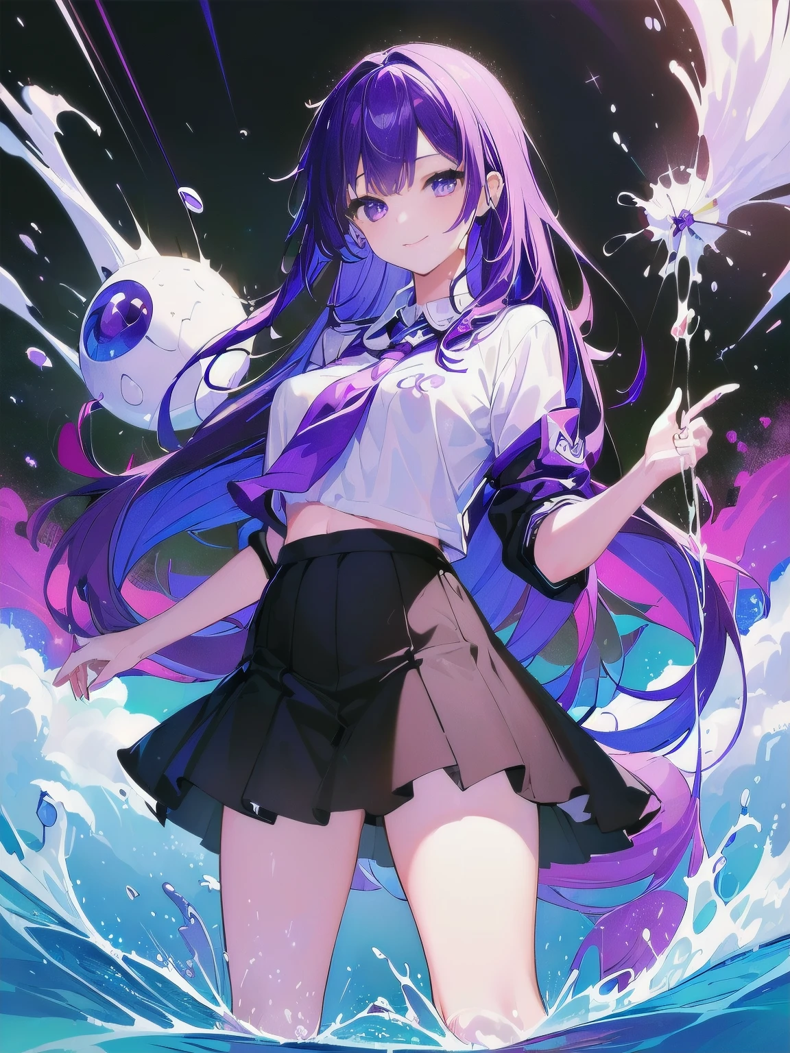 [(GALAXY BACKGROUND:1.5),::5], ((((masterpiece)))), high quality, very_high_resolution, large_filesize, full color, ((girl)), , Long BluePurple hair, vivid color, ((BluePurple eye)), civilian clothes white, anime, Below the knee to upper body, smile, (splash EFFECT:1.5)