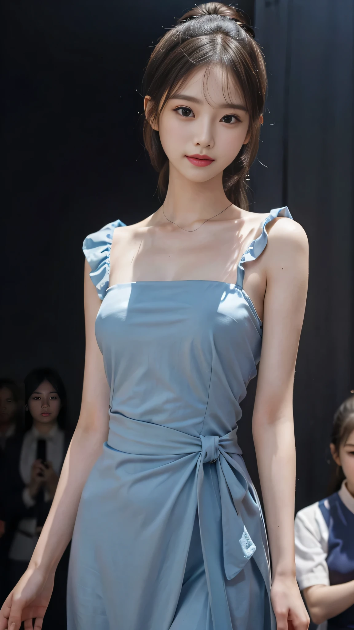 close up face,standing on stage,Blue colored long dress with lots of ruffles,One woman,masutepiece, The highest image quality, High quality, the background is clear,Beautiful woman, Japanese, Detailed, Detailed eyes, Detailed skin, Beautiful skin, 超hight resolution, (reality: 1.4),Very beautiful woman, Slightly younger face, Beautiful skin, slender, (Ultra photo realsisim), (hight resolution), (8K), (Very detailed) (beautifully detailed eyes), (super detailed), (Detailed face), view the viewer, Fine details, Detailed face, Staring straight ahead, Staring straight ahead, photos realistic, Bright lighting, Professional Lighting, Black hair,poneyTail,a baby face,fifteen years old,Hairstyle is ponytail,long ponytail hairstyle,slight smile,neat and tidy clothing,Beautiful Japanese KPOP idol photo, hair style is ponytail, my eyes are double and wide, baby face, smile and look straight ahead, slender, small breasts,Blue ribbon on head,