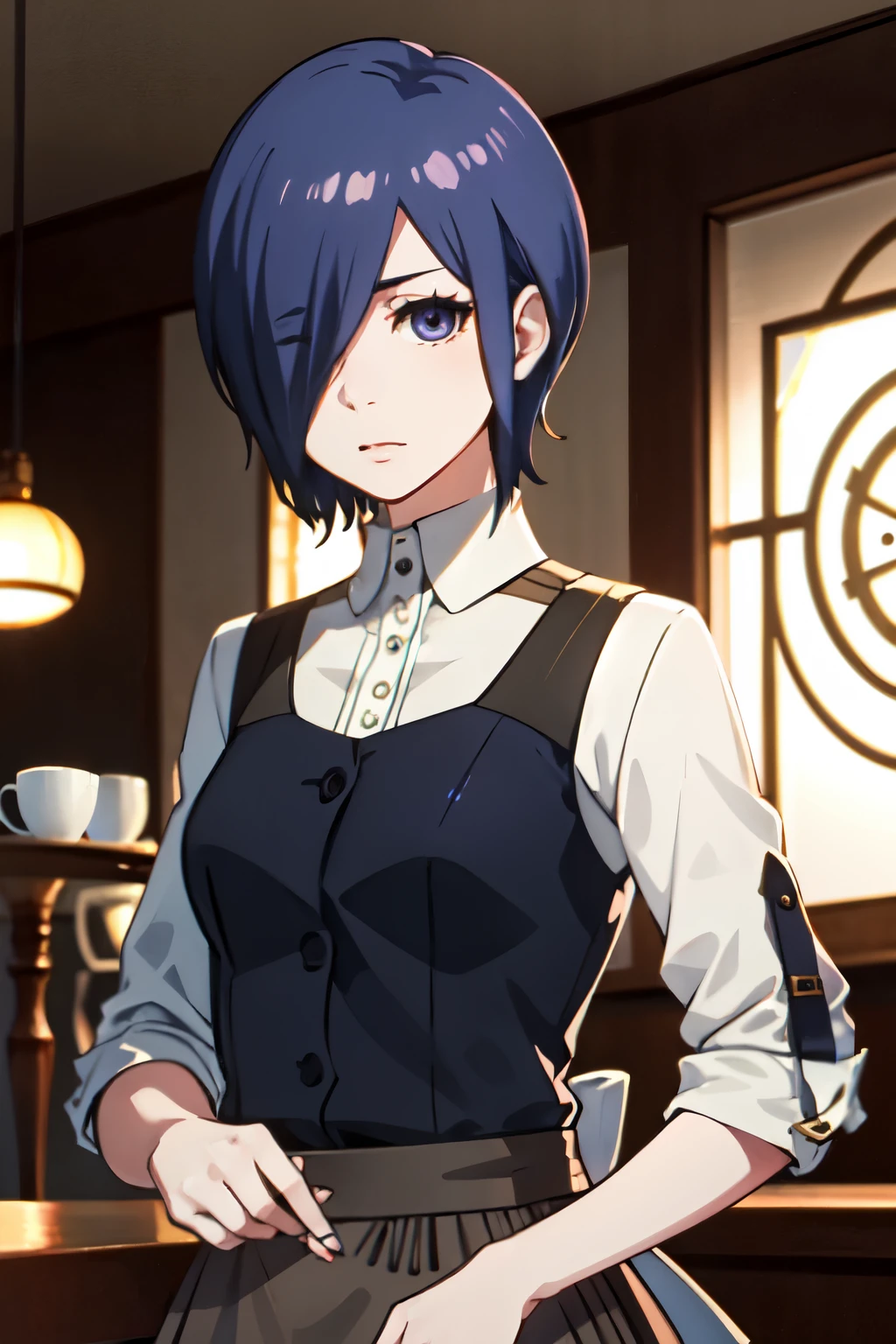 ((best quality)), ((masterpiece)), (detailed), perfect face
Girl, blue-violet hair, blue-violet eyes, cafe waitress, beautiful, kirishima touka from Tokyo ghoul , Short hair covering the left part of her face and her Left eye ، Antique clothing