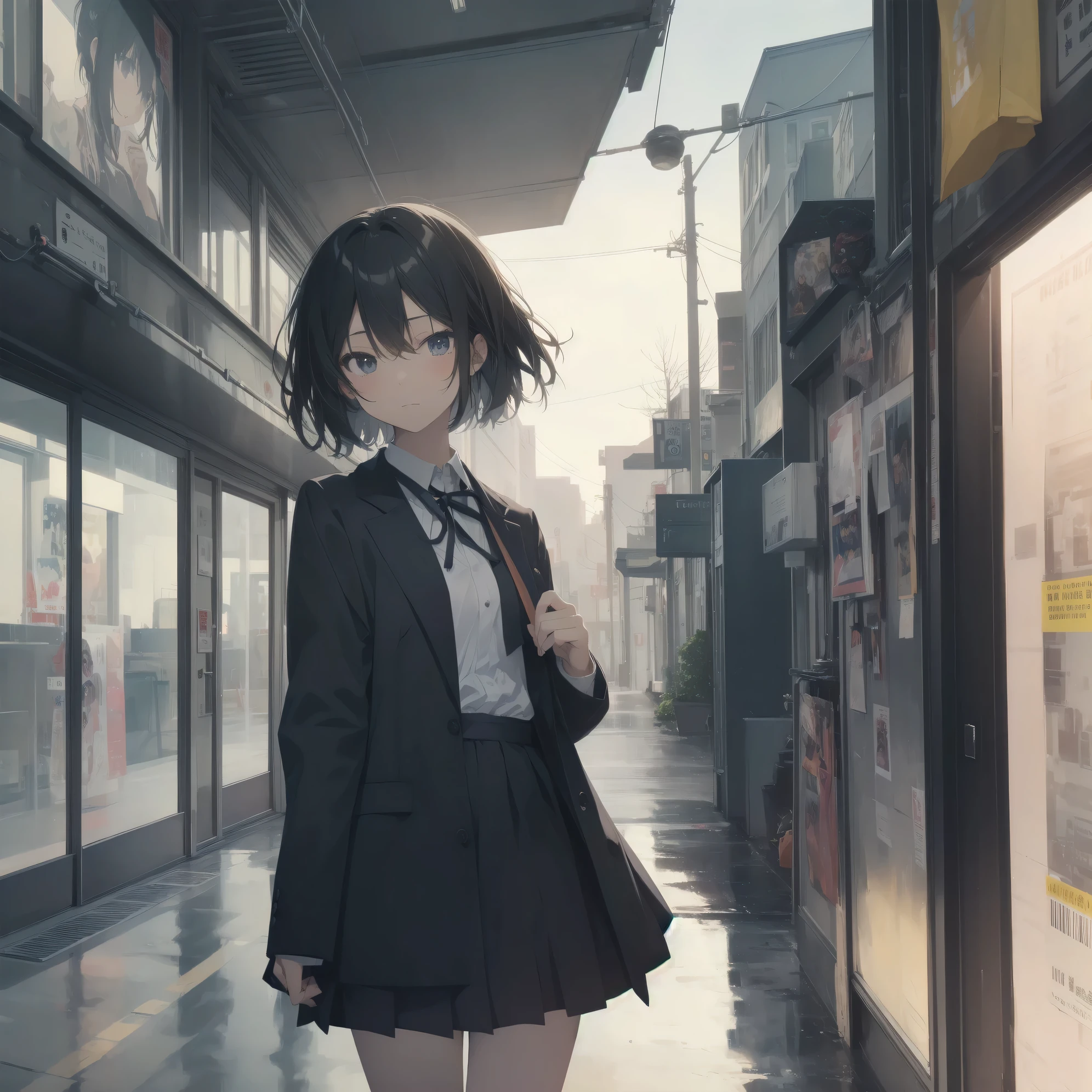 ultra-absurdres-Top quality by artist God, ultra-detailed, high resolution, anime moe artstyle, best anime 8k konachan wallpaper, pixiv contest winner, perfect anatomy,break, 1girl, (Please draw a girl walking sleepily to school alone. )break,(Solo,little female, 13-year-old:1.3),Full limbs, complete fingers,a junior high school student, Attractiveness of immature bodies, (very short hair), short cut, flat chest, , small butt, small black eyes, beautiful detailed eyes, well-proportioned iris and pupils, expressive eyes, highres detailed hair, soft expression, school_uniform, official_alternate_costume, pleated skirt,(Detailed Lighting), (Detailed background), in the School commute route. break,super detailed skin, Best cinematic lighting powered by famous artist, 8k,beauty illustration,photoshop_(medium),very aesthetic,break,((artist:itomugi-kun )), artist:akinashi yuu ,artist:oyari ashito ,artist:kantoku ,