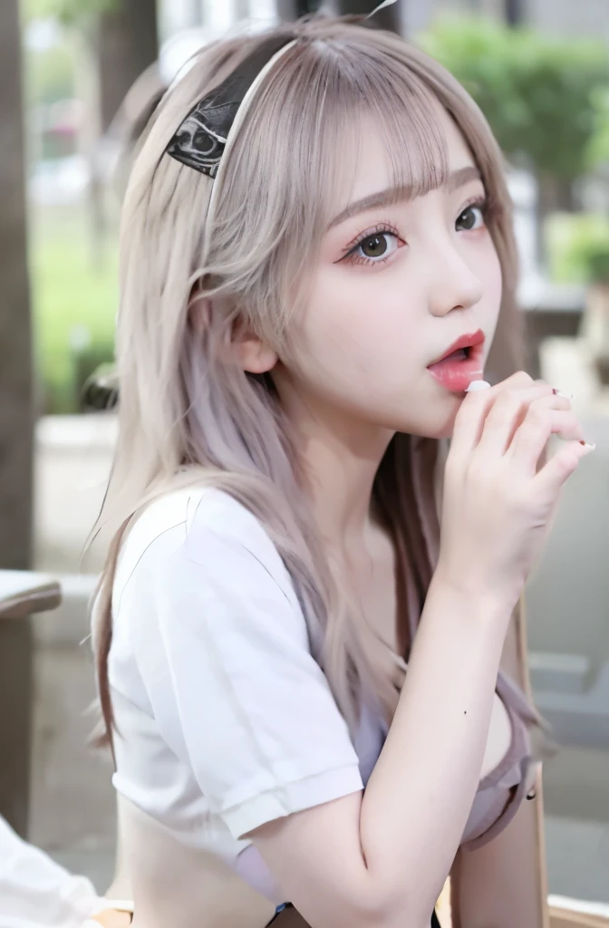 ((open your mouth:1.2)),((Blowjob:1.5)),{{Low-rise skirt}}, {{{へそ length white shirt}}}, {{{{Shirt tied under the chest}}}}, socks, platinum blonde hair, 1 girl,(highest quality,4k,8K,High resolution,masterpiece:1.2),1 beautiful woman,18-year-old,35mm lens,f/1,cowboy shot,considerable breasts,soft sunlight,bright colors,playful expression
