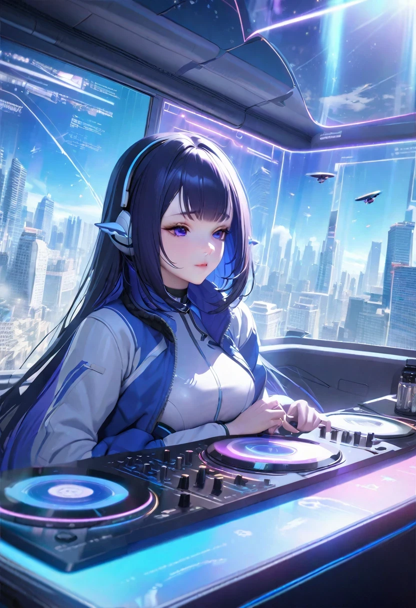 ((shylily)).(best quality), (masterpiece), (photorealistic), (realistic), super detailed, unity 8k wallpaper, highly detailed cg, ray tracking, sharp shadows, great detail, depth of field, super detailed background, all glass DJ booth on top of skyscraper in futuristic city A female DJ plays music, dressed in latex in bolero type jacket, on a floating holographic screen on the roof of a skyscraper in a futuristic city. Drones emitting light rays fly around her, and her music echoes throughout the city. (overhead view composition),:1.4, aurora production,