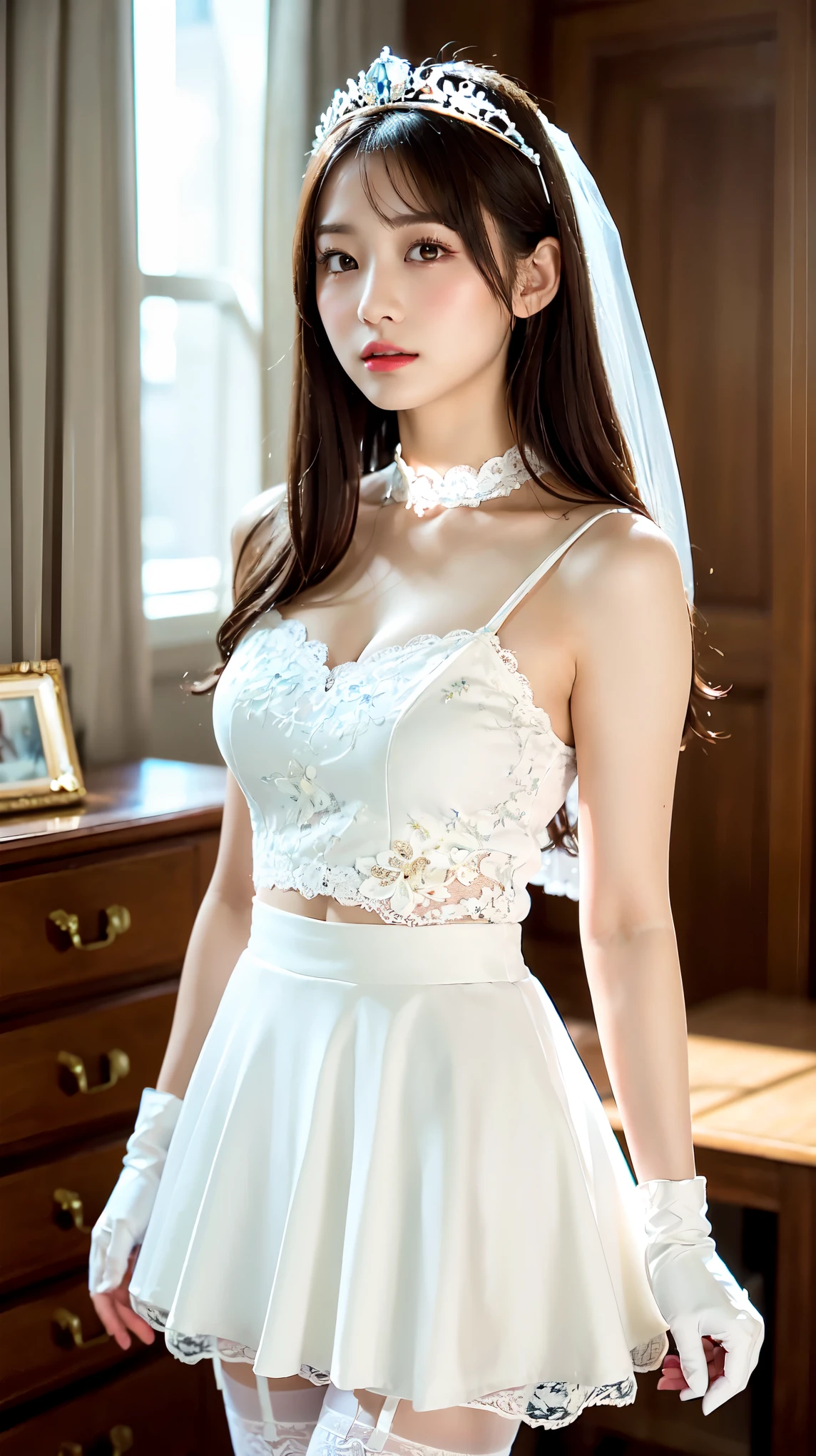 white wedding dress、(White Princess Line Wedding Dresser Tiara、white choker、white lace gloves、white pantyhose:1.2),(white skirt、beautiful embroidery、White lace garter belt:1.2),Beautiful Necklace, Hotel、perfect proportions、cute、((18 year old female:1.2))、young adorable japanese face,official art,Highly detailed CG Unity 8K wallpaper,(masterpiece:1.0),(highest quality:1.0), 超A high resolution,4k,Super detailed, photo shoot, 8K, nffsw, High resolution, kodak portrait 400, film grain, lens flare glow,高いest quality,8K,nffsw:1.2),portrait shot,8K、View viewer