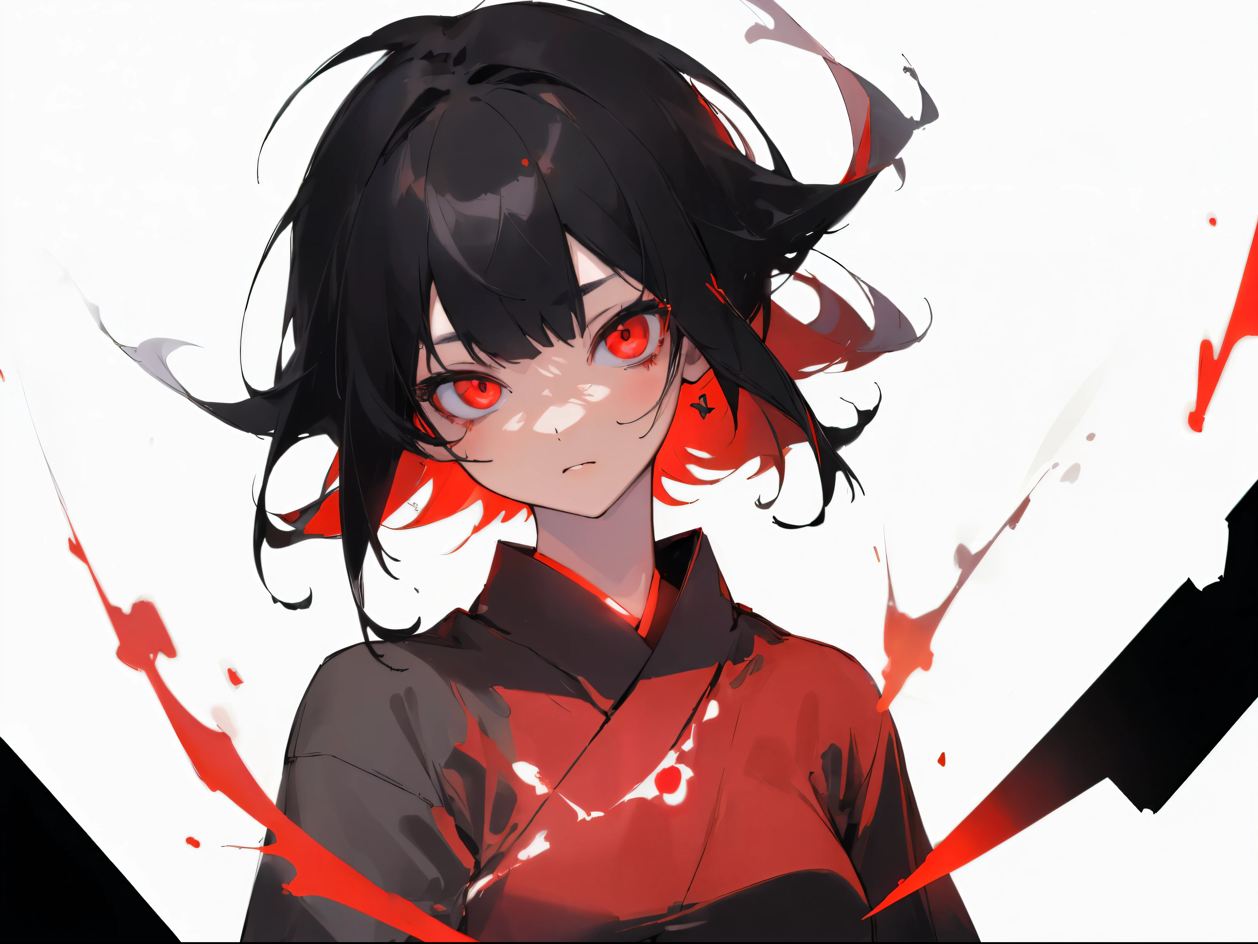 [(white background:1.5),::5], ((((masterpiece)))), high quality, ultra high resolution, full color, (((alone))), ((girl)), black hair, ((black hair)), glowing red eyes, Japan cartoon movies, Upper body, neon light, Upper body, Red Energy, character in the center,