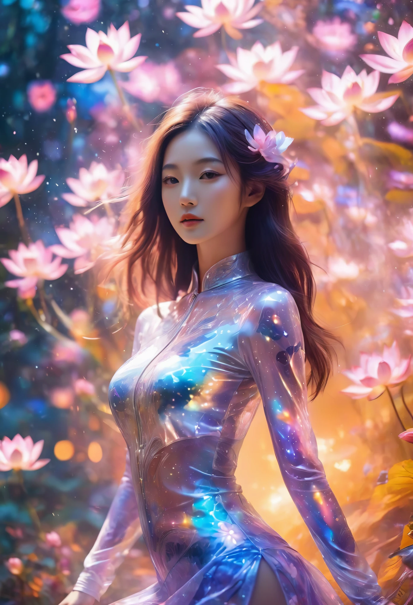 1 Asian woman, beauty,Surrealism,Modern designer clothing,Sexy transparent tights,Breasts covered in holographic color,transparent long sleeves,leggings,Galaxy patterns flash on her skin,Transparent rubber skirt,She is surrounded by a dreamy floral scene,Energetic,Lotus flowers in bloom,Capture ambient light and color。The woman looks peaceful,Flowing hair, The light is soft and diffuse,Highlighting the transparency of her costume and the luminous quality of her skin,flash, Backlight,Translucent,light particles,Motion blurred,movie lighting effects,fractal background,