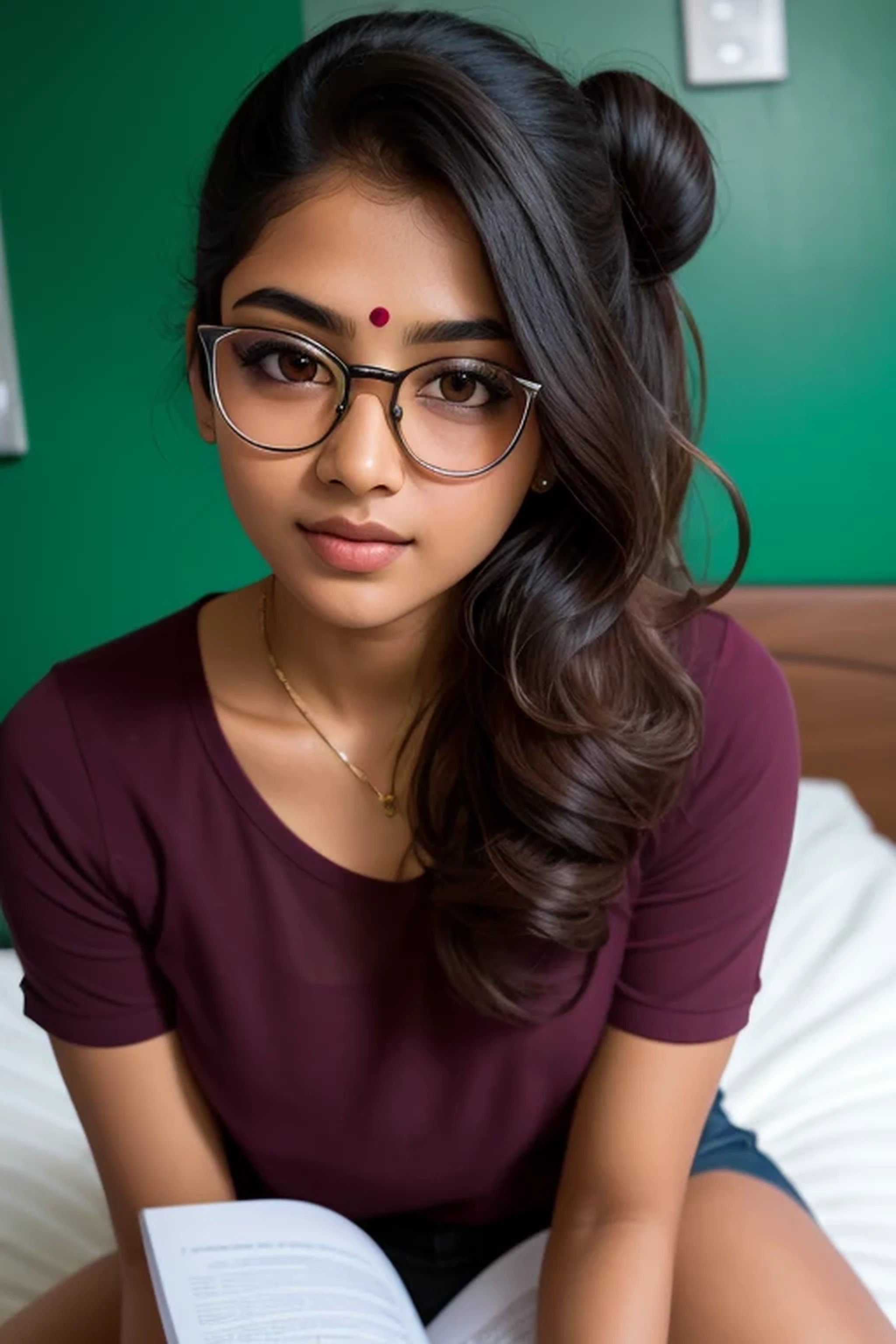 Highly detailed, High definition, 4K, 1 Indian young girl, nerd girl, highly detailed hair, perfect hair:1.5, bun hair style, Highly detailed face, perfect face:1.5, highly detailed eyes, perfect eyes:1.5, highly detailed body , perfect body:1.5, fairly and glossy skin, shinning body, full body view, highly detailed lips, perfect lips:1.5, wearing casuals, wearing spectacles, lying on bed, studying, highly detailed background, perfect background:1.5, study room as background,clear background