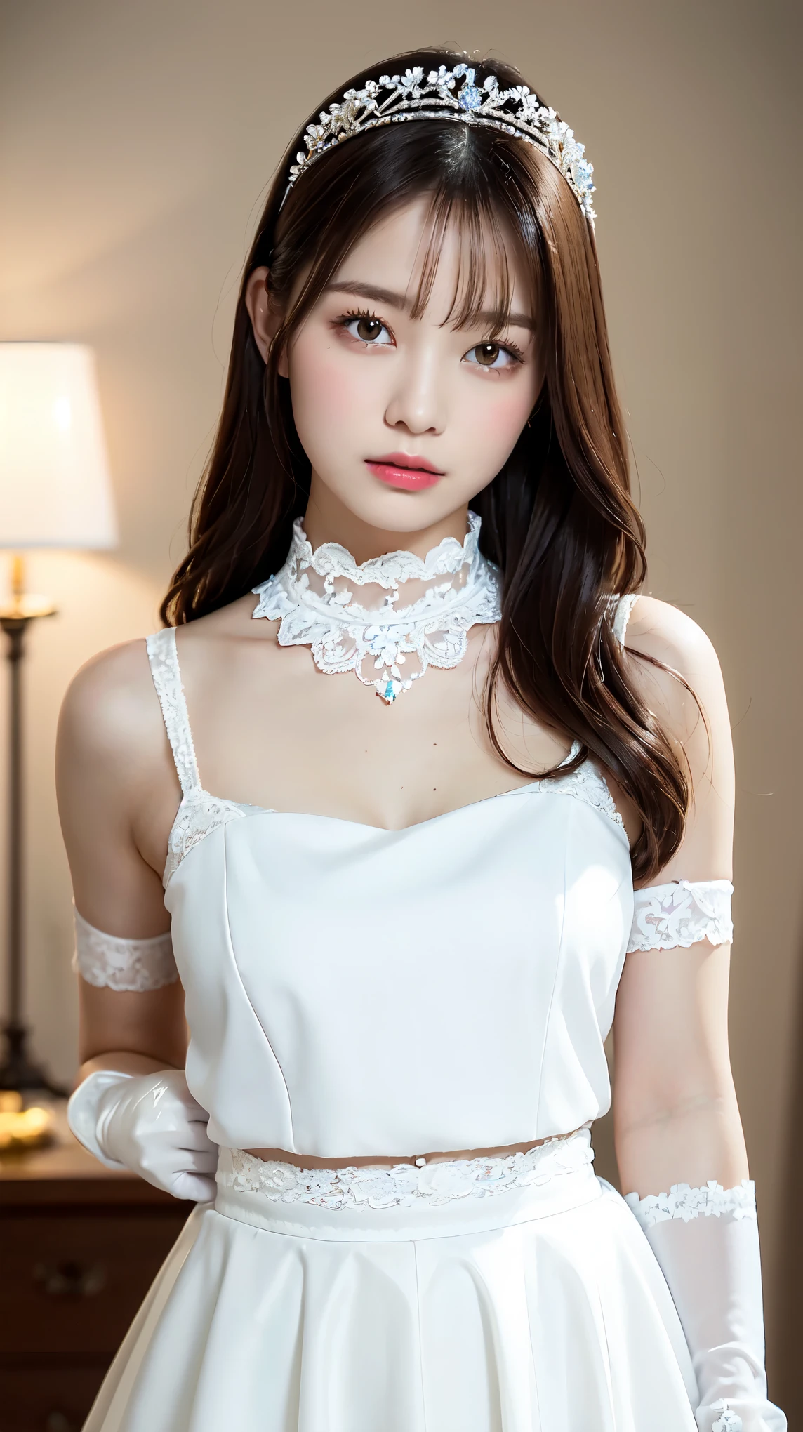 white wedding dress、(White Princess Line Wedding Dresser Tiara、white choker、white lace gloves、white pantyhose:1.2),(white skirt、beautiful embroidery、White lace garter belt:1.2),Beautiful Necklace, Hotel、perfect proportions、cute、((18 year old female:1.ung adorable japanese face,official art,Highly detailed CG Unity 8K wallpaper,(masterpiece:1.0),(highest quality:1.0), 超A high resolution,4k,Super detailed, photo shoot, 8K, nffsw, High resolution, kodak portrait 400, film grain, lens flare glow,高いest quality,8K,nffsw:1.2),portrait shot,8K、View viewer