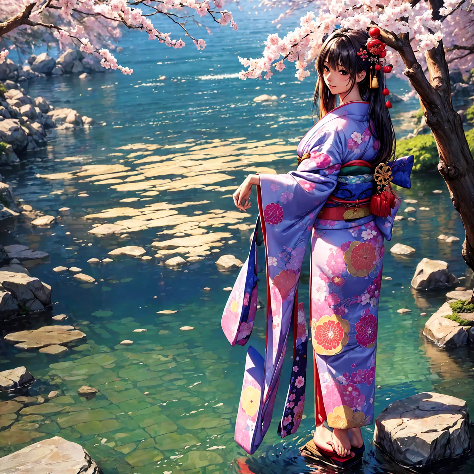 (((highest quality、masterpiece、very high resolution、High-definition images)))、Beauty Painting、realistic portrait、One strong-willed beautiful girl:18-year-old、beautiful body:Slender, beautiful breasts and beautiful legs、beautiful face:smile、eyes with strong will,beautiful hair:various hairstyles 、best skin and hair texture,realistic skin texture,realistic hair texture、(((japanese kimono:Colorful Japanese patterns)))、beautiful waterside:lantern:lantern:wooden floor、beautiful cherry blossoms、stone steps、beautiful sky、Natural light、beautiful scenery、model pose:Show off your swimsuit、beautiful pose:Show off your swimsuit、model shoot、Gravure photography、(((The wind is blowing))),accurate image:1.5、accurate anatomy:1.5、Image without defects、perfect image、Overall image、(best shot、Raw photo、photorealistic stick)