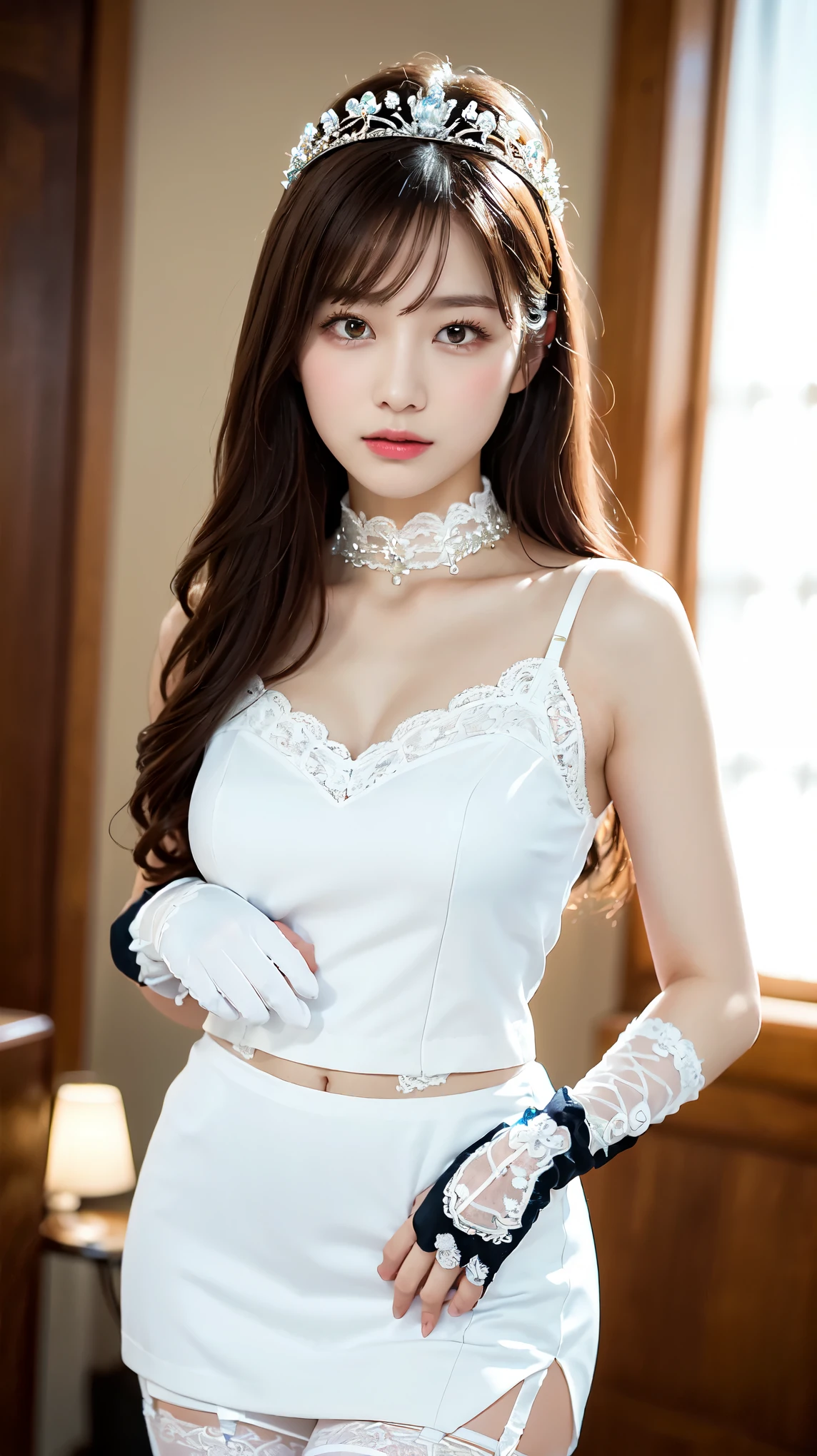 ((top-quality、​masterpiece:1.3)), fullllbody, long legged, foco nítido:1.2, Cute woman with perfect body shape smiling face:1.4, Slender Abs:1.1, ((dark brown  hair、hugetits:1.2)), (Sexy dress with white chest to navel open、White veil、White latex long gloves、White Thigh Boots, Sitting with legs open:1.2), ((chapel:1.3)), Highly detailed facial and skin texture, A detailed eye, 二重まぶた、hugetits、You can see up to your feet