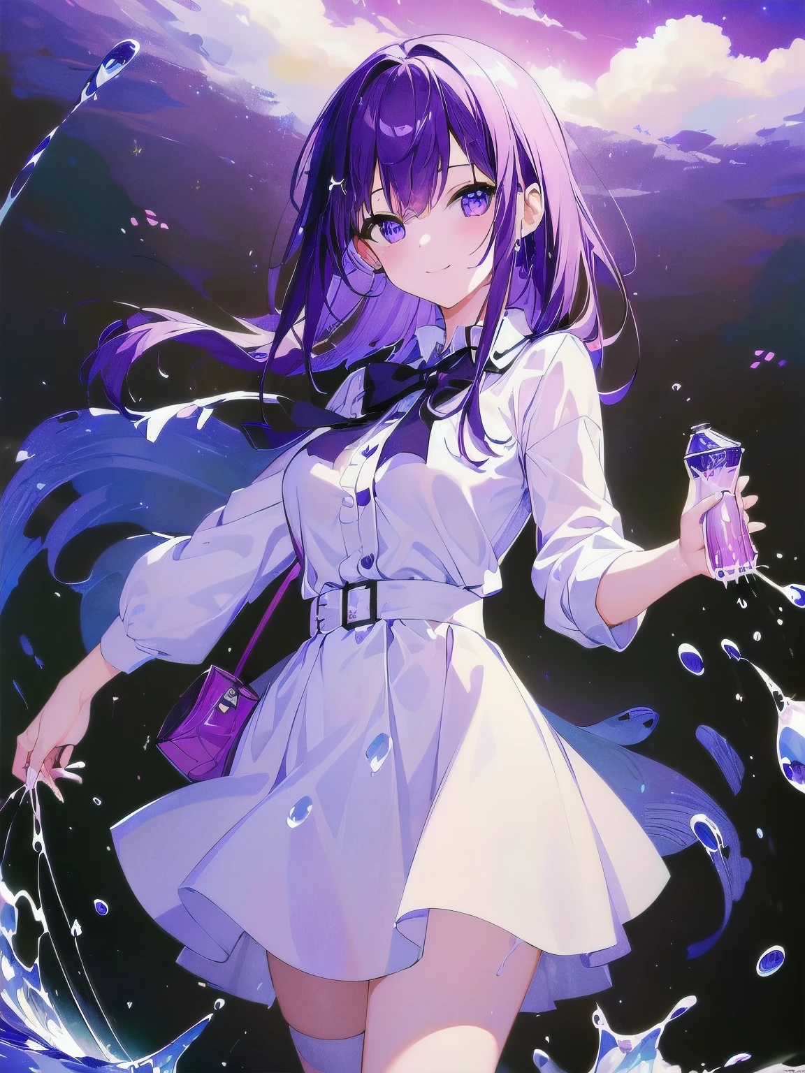 [(GALAXY BACKGROUND:1.5),::5], ((((masterpiece)))), high quality, very_high_resolution, large_filesize, full color, ((girl)), 13 old year, Long BluePurple hair, vivid color, ((BluePurple eye)), civilian clothes white, anime, Below the knee to upper body, smile, (Soda splash EFFECT:1.5)