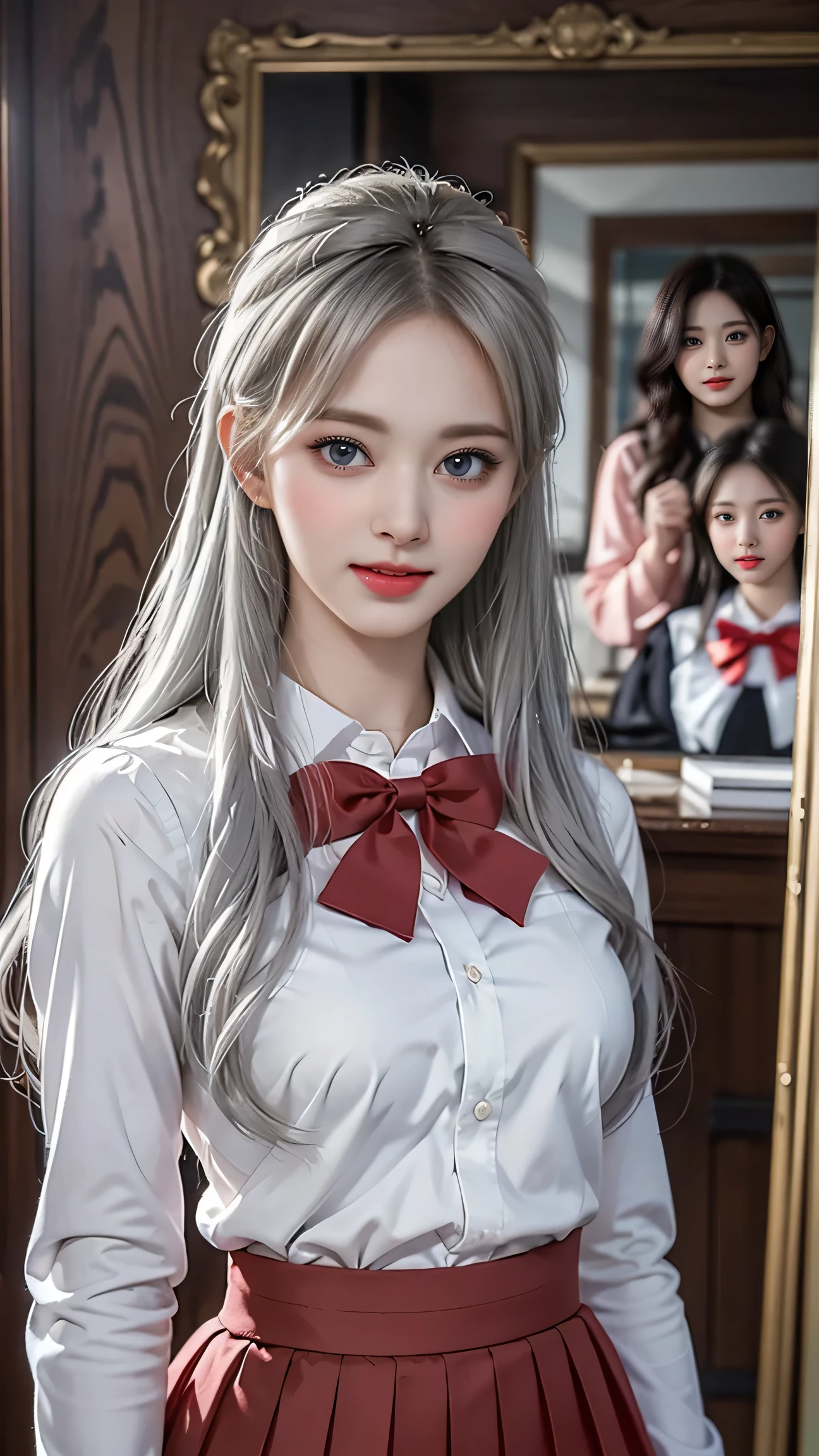 top quality work,Actual work,Ultra Premium Graphics,8K HD CG works,high quality graphics,High-definition CG works,10x pixels,super fine details:1.1,Advanced technical details:1.1Photo-realistic,Indoor Lighting Effects:1.5,Natural light:1.5. light effect(virtual light effect:1.8),超A high resolution,shiny red dress,長いsilver hair,silver hair,transparent hair,high detail hair(premium hair detail:1.1)clear eyes,beautiful double eyelids,sharp eye makeup, delicate eyelash makeup, thin eyebrows, highly detailed eyes,high nose, nice red lips, rose cheeks, A face with delicate makeup , cute face, perfectly proportioned face,(Advanced facial details:1.1),shiny、(girls school uniform),(white blouse),(red bow tie),(check skirt),Photo shoot in front of the mirror,woman'artwork of,full body figure,realism,wonderful,My eyes are shining today(smile)