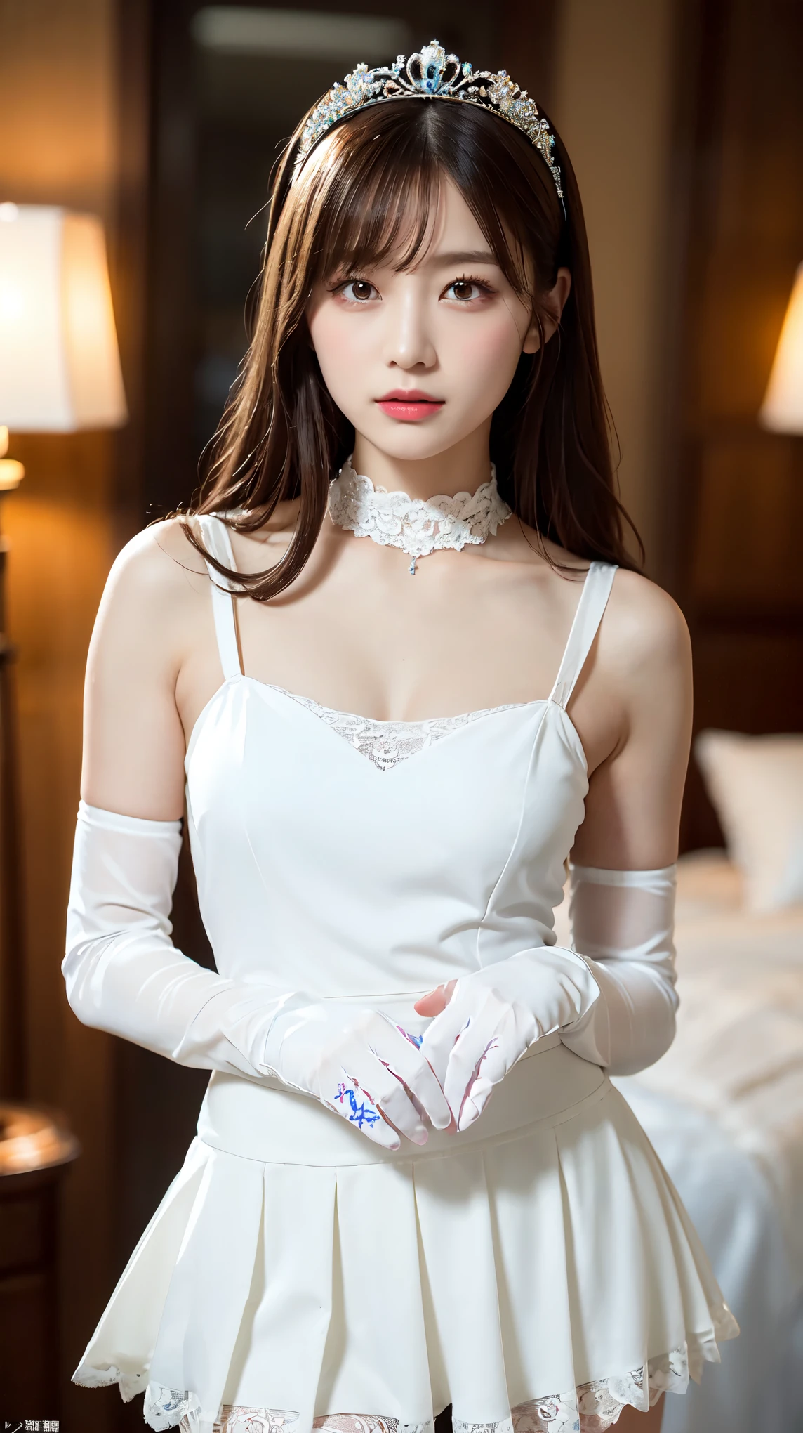 white wedding dress、(White Princess Line Wedding Dresser Tiara、white choker、white lace gloves、white pantyhose:1.2)，(white skirt、beautiful embroidery、White lace garter belt:1.2)，Beautiful Necklace, Hotel、perfect proportions、cute、((18 year old female:1.2))、young adorable japanese face，official art，Highly detailed CG Unity 8K wallpaper，（masterpiece:1.0),(highest quality:1.0), 超A high resolution,4k,Super detailed, photo shoot, 8K, nffsw, High resolution, kodak portrait 400, film grain, lens flare glow,高いest quality,8K,nffsw:1.2),portrait shot,8K、View viewer