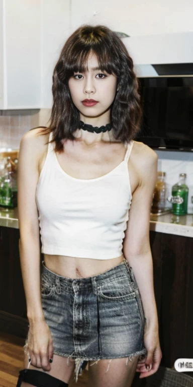 original photo，A sexy girl on the couch，green leather jacket，Lace tank top，short skirt，rim light，lace choker， clavicle， beautiful face，tattoo，belly button， Thin waist and wide hips，long legs，Idol， depth of field， tilt， reflective，lifelike, ultra high resolution, high quality，soft light，best quality，masterpiece，8K，Super real，
