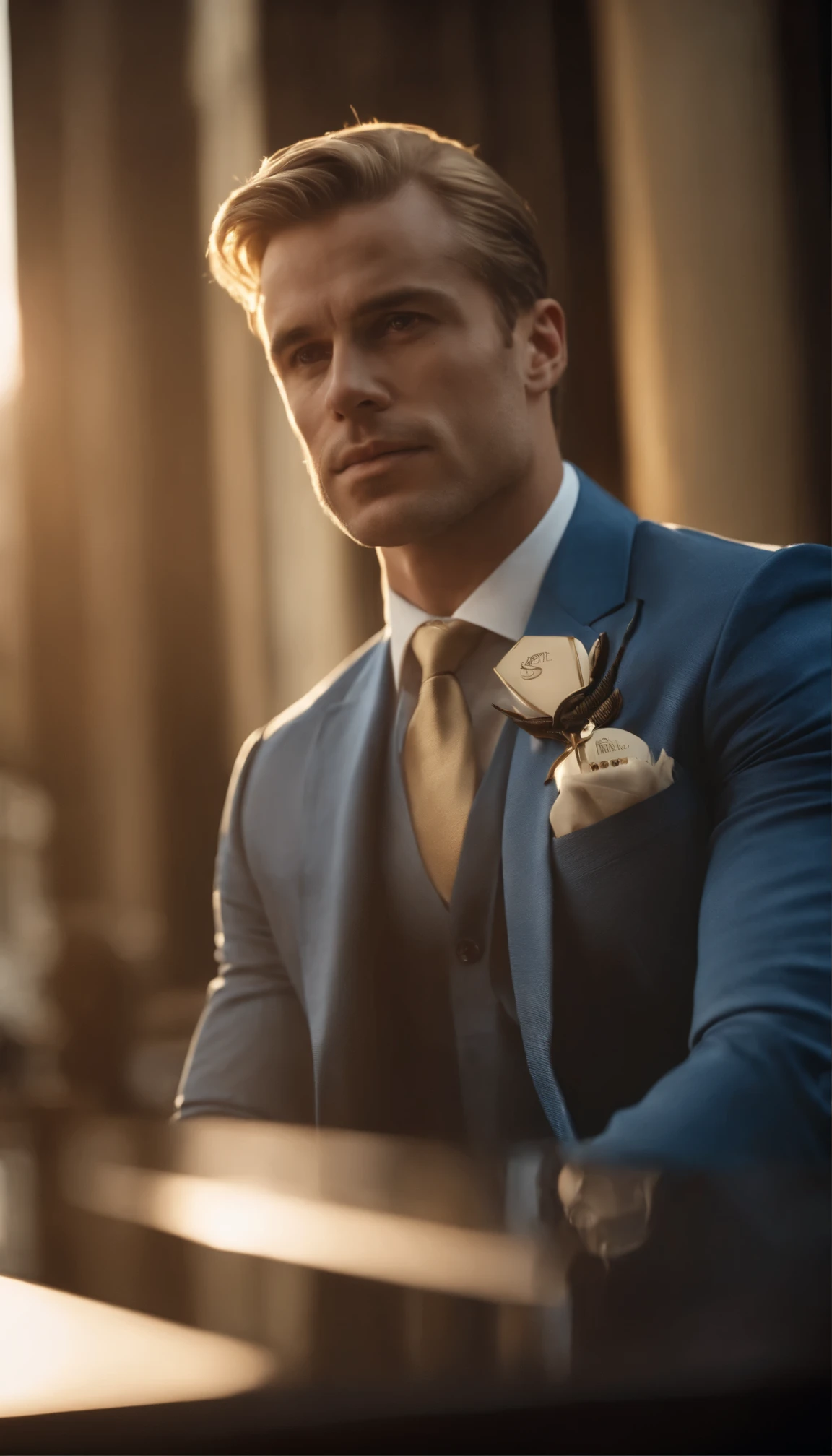 Portrait of a male CEO. He looks 30-something years old, is an albine with white-like blonde hair, has a cold look in his face and light brown eyes. He wears a tailor-made blue suit, an expensive gold watch in his left arm and a discreet golden necklace with the sign of an Egyptian ankh.