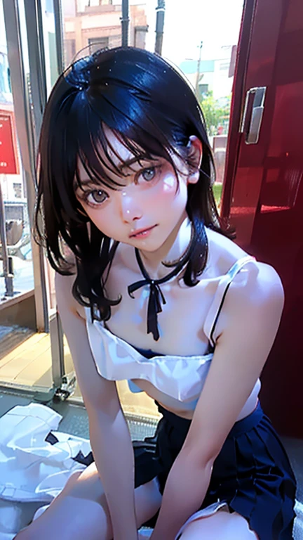 ((((Shirtless with an erotic look)))),(masterpiece:1.2, highest quality), (realistic, photorealistic:1.4), beautiful illustrations, (natural side lighting, movie lighting), 
looking at the viewer, (panty shot), 1 girl, Japanese, 18-year-old, perfect face, perfect body, Cute symmetrical face, shiny skin, baby face, 
(long hair, bob cut, long sideburns, light brown hair), hair between eyes, emerald grey eyes, (small breasts), thin, 
beautiful hair, beautiful face, detailed and beautiful eyes, beautiful clavicle, beautiful body, beautiful breasts,beautiful thighs, beautiful feet, beautiful fingers, 
(((white bra, white panties), Black Business Jacket, Clothes nearby, black tight mini skirt), clavicle, barefoot), 
(beautiful scenery), evening, (office hallway), Wariza, head tilt, hand between legs, (surprised),