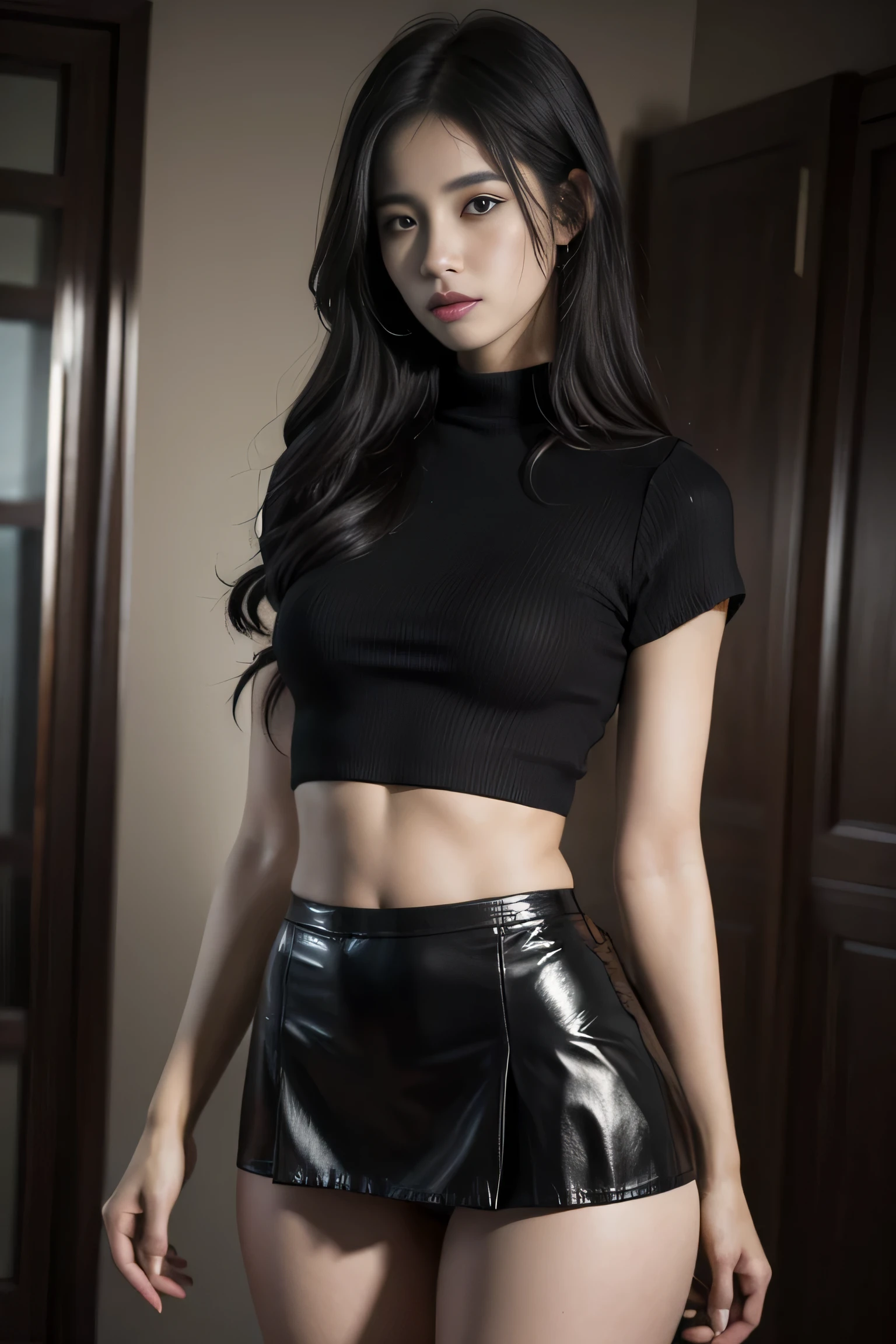 Foto de mujer de cuerpo completo con manos perfectas, Woman with small black skirt, muy alta calidad, Piel texturizada, estilo metal, ultra realista