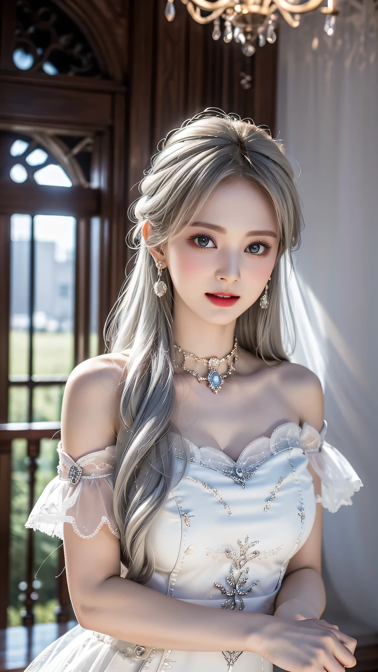 top quality work,Actual work,Ultra Premium Graphics,8K HD CG works,high quality graphics,High-definition CG works,10x pixels,super fine details:1.1,Advanced technical details:1.1Photo-realistic,Indoor Lighting Effects:1.5,Natural light:1.5. light effect(virtual light effect:1.8),超A high resolution,shiny red dress,長いsilver hair,silver hair,transparent hair,high detail hair(premium hair detail:1.1)clear eyes,beautiful double eyelids,sharp eye makeup, delicate eyelash makeup, thin eyebrows, highly detailed eyes,high nose, nice red lips, rose cheeks, A face with delicate makeup , cute face, perfectly proportioned face,(Advanced facial details:1.1),shiny,Summer Sexy Hip Wrap Fishtail Sleeveless Commuter Maxi ,stiletto heels,Beautiful long dress,wonderful dress,bright red series,(off shoulder pure white dress) Dress Collection,dress photo shoot,authentic dress work,At the banquet hall,woman'artwork of,full body figure,Dress goddess,realism,wonderful,My eyes are shining today