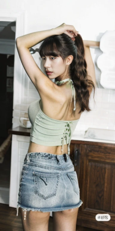 original photo,A sexy girl on the couch,green leather jacket,Lace tank top,Transparent skirt,rim light,lace choker, clavicle, beautiful face,tattoo,belly button, Thin waist and wide hips,long legs,Idol, depth of field, tilt, reflective,lifelike, ultra high resolution, high quality,soft light,best quality,masterpiece,8K,Super real,