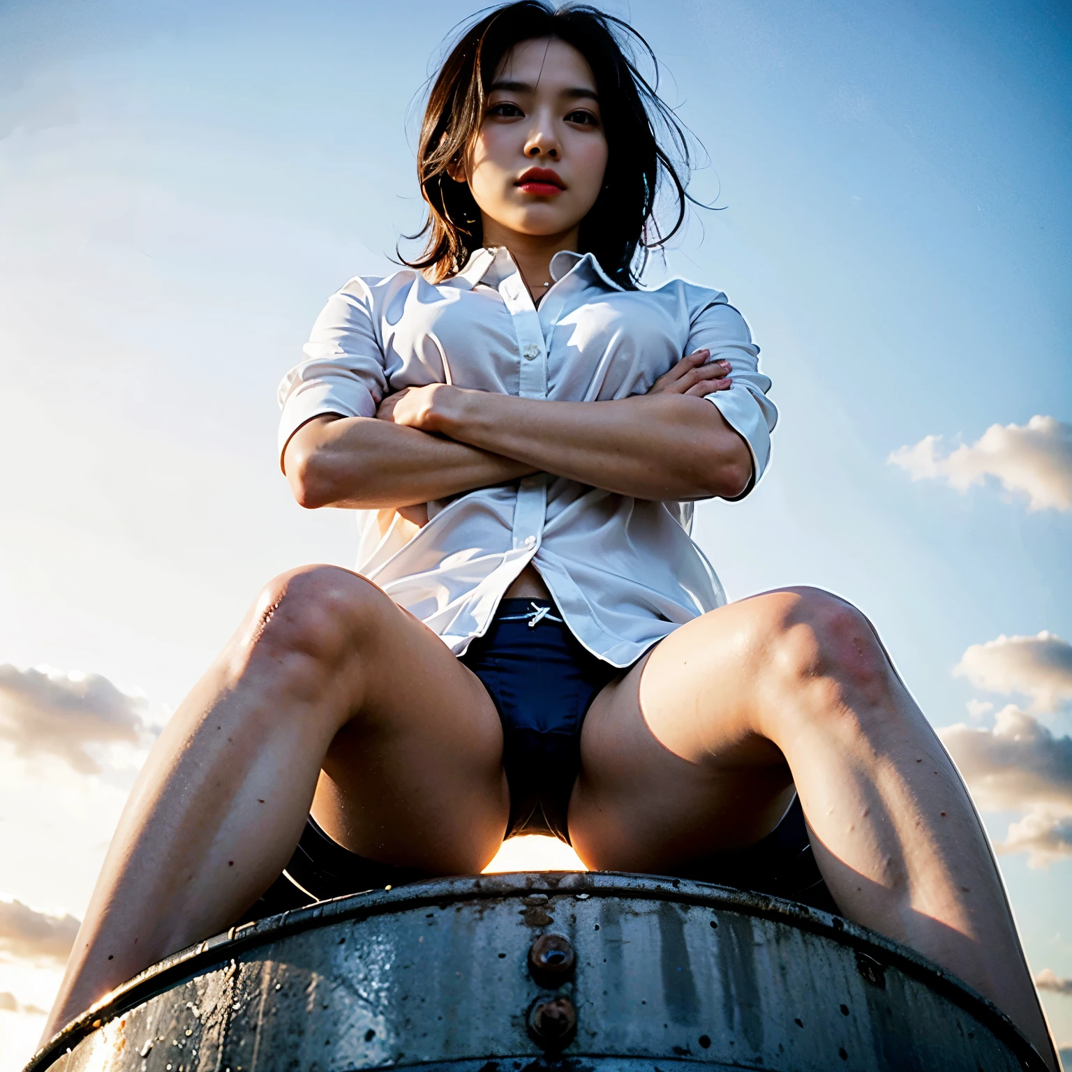 (Photographed with (camera Canon EOS R5, lens Canon EF 24-70mm f/2.8L II, lighting LED panel) ) , (4k, realistic photo:1.5), BREAK, (masterpiece, best quality),
(american shot, from below, looking down:1.5) , solo focus, BREAK,
((outdoors, Sitting on top of an oil drum ), spreading legs : 1.8),
(1girl :1.4), (high resolution detail of human skin texture :1.4),
(eyes are red and swollen), (looking at viewer, The body is facing the viewer :1.6),
( crossed arms :1.5),
( 1 korean girl :1.5),
( 25 years old :1.5),
( brown eyes ,double-edged eyelid:1.5),
( natural Hair Color black ),
( dyed Hair Color pink ),
( Hair Style colored buzzcut ),
( Tight body :1.5),
( Tall body :1.5),
hetero, parted lips, BREAK,
( wearing transparent silk shirt :1.5 ), BREAK,
( wearing cotton mini skirt :1.5 ), BREAK,
( wearing luxury underwear :1.5 ),
BREAK,