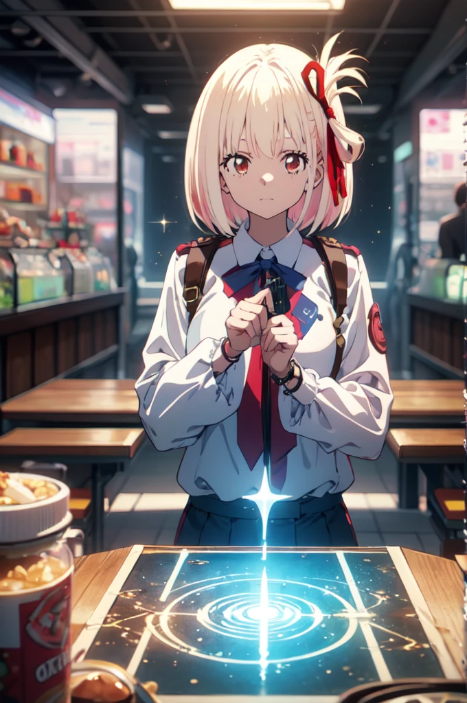 Chisato Nishikigi, lycoris uniform, Point a gun at the viewer, highest quality,((highest quality)),((table top)),((perfect face)),detailed５two-fingered hand,1 girl,(background blur), ((holographic)),1 girl,milky way, (stripes of light), impressive visuals, (dynamic streak, path of light:1.2), bright colors, Face up,dynamic pose,