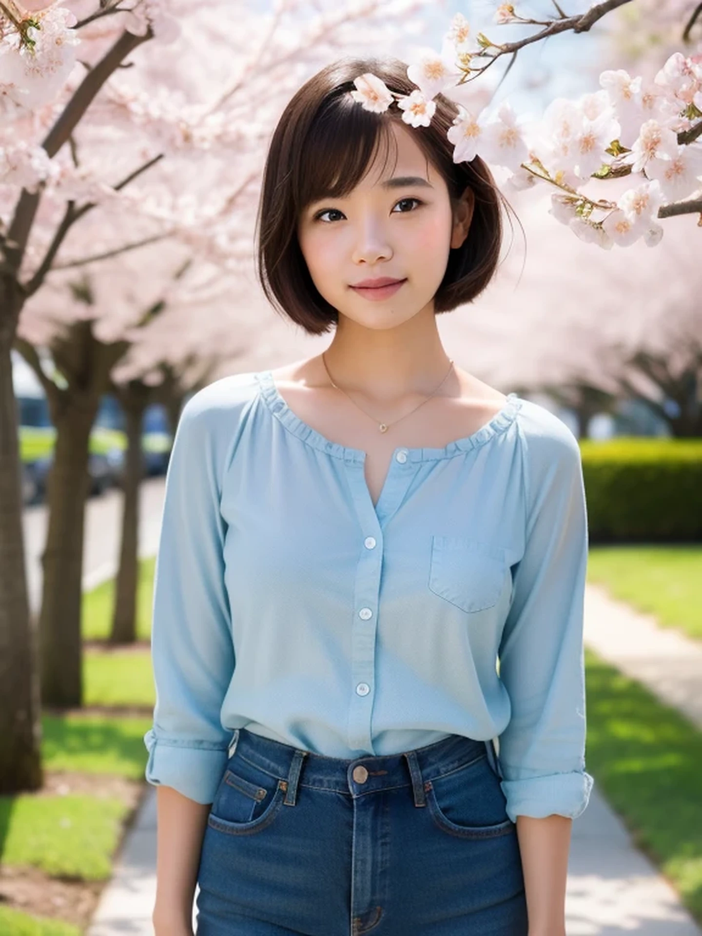 masterpiece, Best Quality, Raw photo, 8K, ultra-detailed face, 1girl, Beautiful detailed skin, backlight, soft light, bashful, (shoot from front:1.2), smile, Luminescent, Anatomically correct, short hair, Eyes and faces with detailed, Textured skin, Professional Photography, Bokeh, Portrait, Professional Lighting, Solo, Cute, Girly, Film grain, MA-1, jeans, outside, cherry blossoms