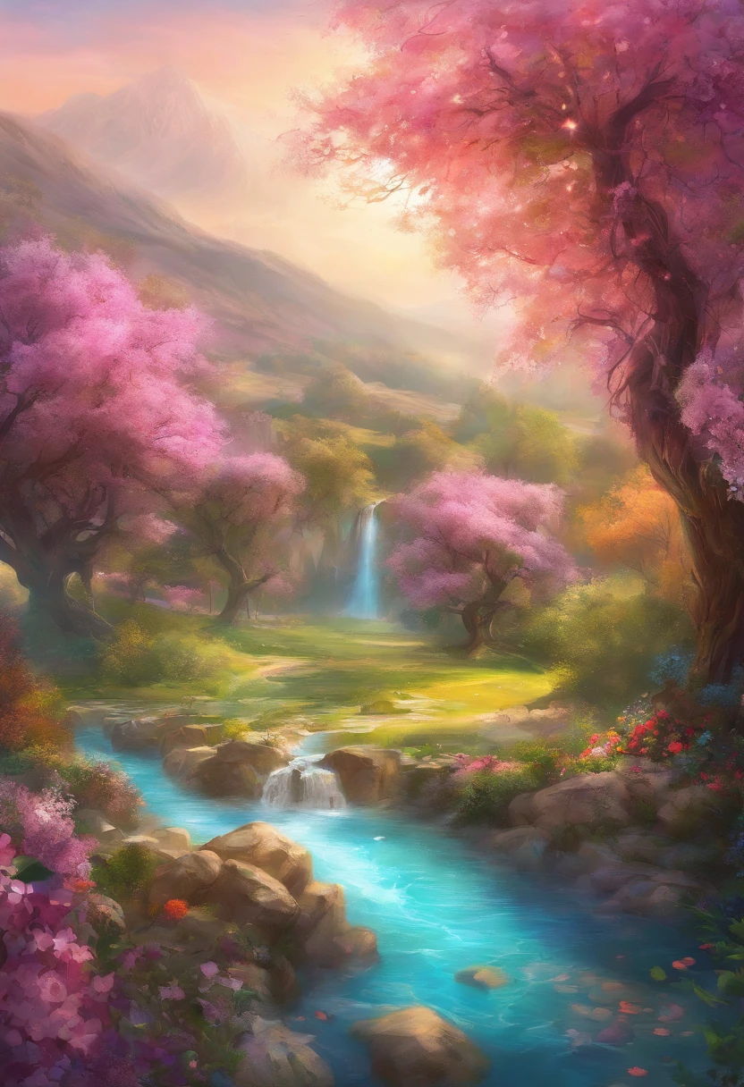 (High resolution:1.1), 最high quality, (masterpiece:1.2), Bright colors, digital painting, dense forest, water, beauty of nature, An oasis of peace, Cherry tree, blue sky,Israel- Fantastic - Painting Style Waterfall Soft painting style Brightly colored Bright light a wonderful heavenly garden, rainbow reflected on a splendid river valley of eden sea a wonderful valley,Morning sun, river, Rose, Pastel pink path, Beautiful atmosphere, dream , Israel, almond blossom, wonderful, painting style Israel courtyard full of flowers and grapevine, 4K resolution ,ブドウ畑のmasterpiece, 最high quality, high quality,very detailed CG unity 8k wallpaper, An enchanting and dreamy scene of a fantasy forest, Creates a sense of mystery and enchantment, art station, digital illustration, Complex, trend, pastel colour, oil, award winning photography, Bokeh, Depth of the bounds written, HDR, bloom, chromatic aberration ,realistic,very detailed, trend on art station, trend on CGsociety, Complex, high detail, dramatic, mid-journey art