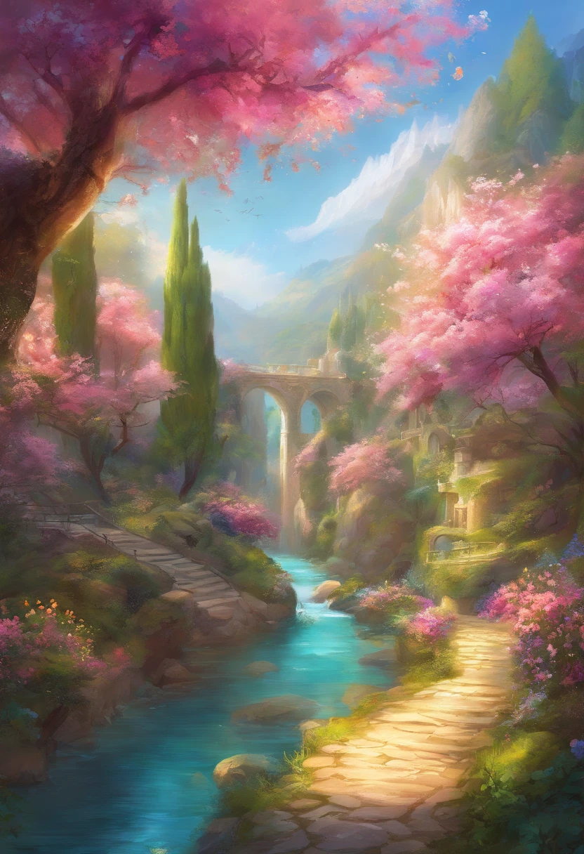 (High resolution:1.1), 最high quality, (masterpiece:1.2), Bright colors, digital painting, dense forest, water, beauty of nature, An oasis of peace, Cherry tree, blue sky,Israel- Fantastic - Painting Style Waterfall Soft painting style Brightly colored Bright light a wonderful heavenly garden, rainbow reflected on a splendid river valley of eden sea a wonderful valley,Morning sun, river, Rose, Pastel pink path, Beautiful atmosphere, dream , Israel, almond blossom, wonderful, painting style Israel courtyard full of flowers and grapevine, 4K resolution ,ブドウ畑のmasterpiece, 最high quality, high quality,very detailed CG unity 8k wallpaper, An enchanting and dreamy scene of a fantasy forest, Creates a sense of mystery and enchantment, art station, digital illustration, Complex, trend, pastel colour, oil, award winning photography, Bokeh, Depth of the bounds written, HDR, bloom, chromatic aberration ,realistic,very detailed, trend on art station, trend on CGsociety, Complex, high detail, dramatic, mid-journey art