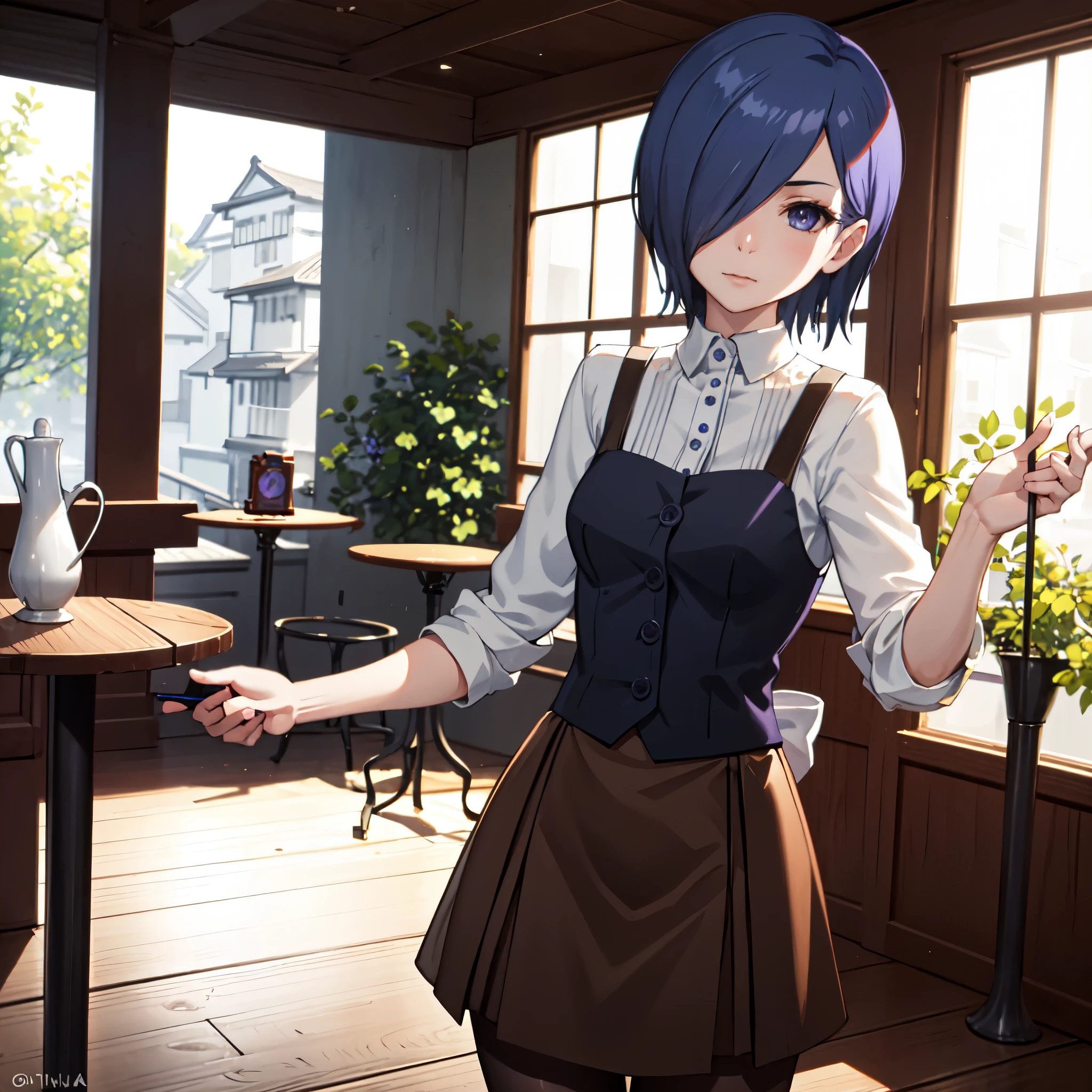 ((best quality)), ((masterpiece)), (detailed), perfect face
Girl, blue-violet hair, blue-violet eyes, cafe waitress, beautiful, kirishima touka from Tokyo ghoul , Short hair covering the left part of her face and her Left eye ، Antique clothing