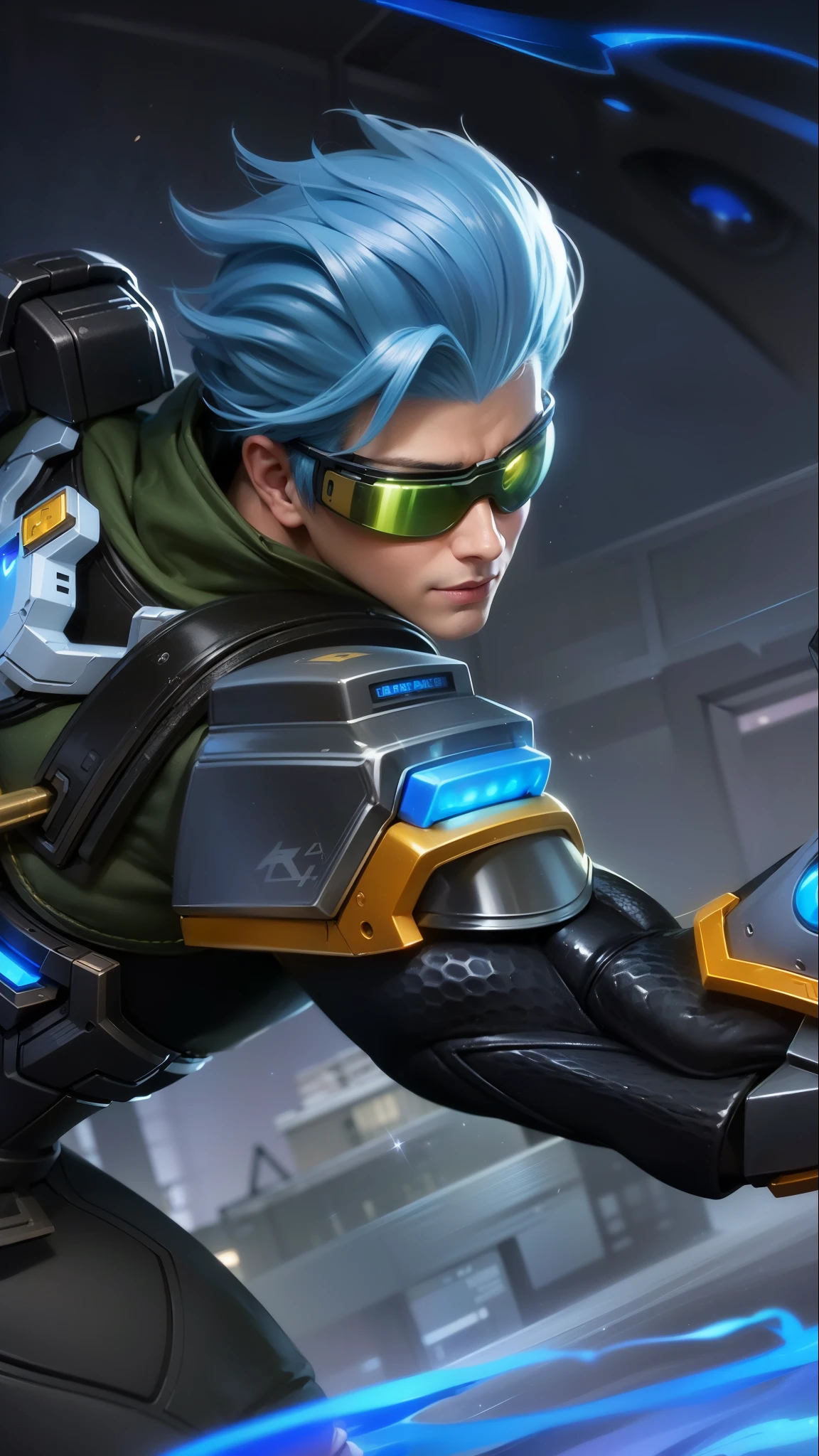 a close up of a boy with a blue hair and a gun, sigma from overwatch, tracer game character, splash art, character splash art, iconic character splash art, sigma male, official splash art, league of legends character, tracer, style league of legends, kda, amazing portrait of viego, league of legends splashart, masterpiece, ((perfect eyes)) best quality, (semirealism:1.9), beautiful lighting, (extremely detailed CG unity 4k fhd wallpaper), High Detail, Sharp focus, dramatic outdoors, 1 boy ,19 years old, 8k, ultra hd, ultra detailed texture, hyper realistic, masterpiece, detailed texture, detailed face, detailed skin, detailed lighting, (photorealistic:1.5), best quality, beautiful lighting, cinematic lighting, professional lighting, ultra highres, realistic, detailed hair, real hair, high quality, (realskin:1.5), extremely detailed, finely detail, ultra-detailed, smile.