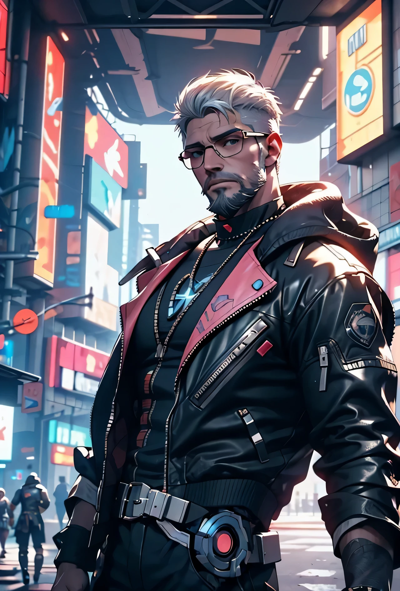 Raw 16k ultra HD Vivid colors ultra masterpiece, 1.12), Describe the emotions captured in the close-up of the face of a man with white hair, flawless haircut and glasses, sporting a well-groomed white beard, while wearing a jacket inspired by the game Cyberpunk 2077. The setting reflects the game's dystopian futuristic environment, with elements characteristic of the city from Cyberpunk 2077.