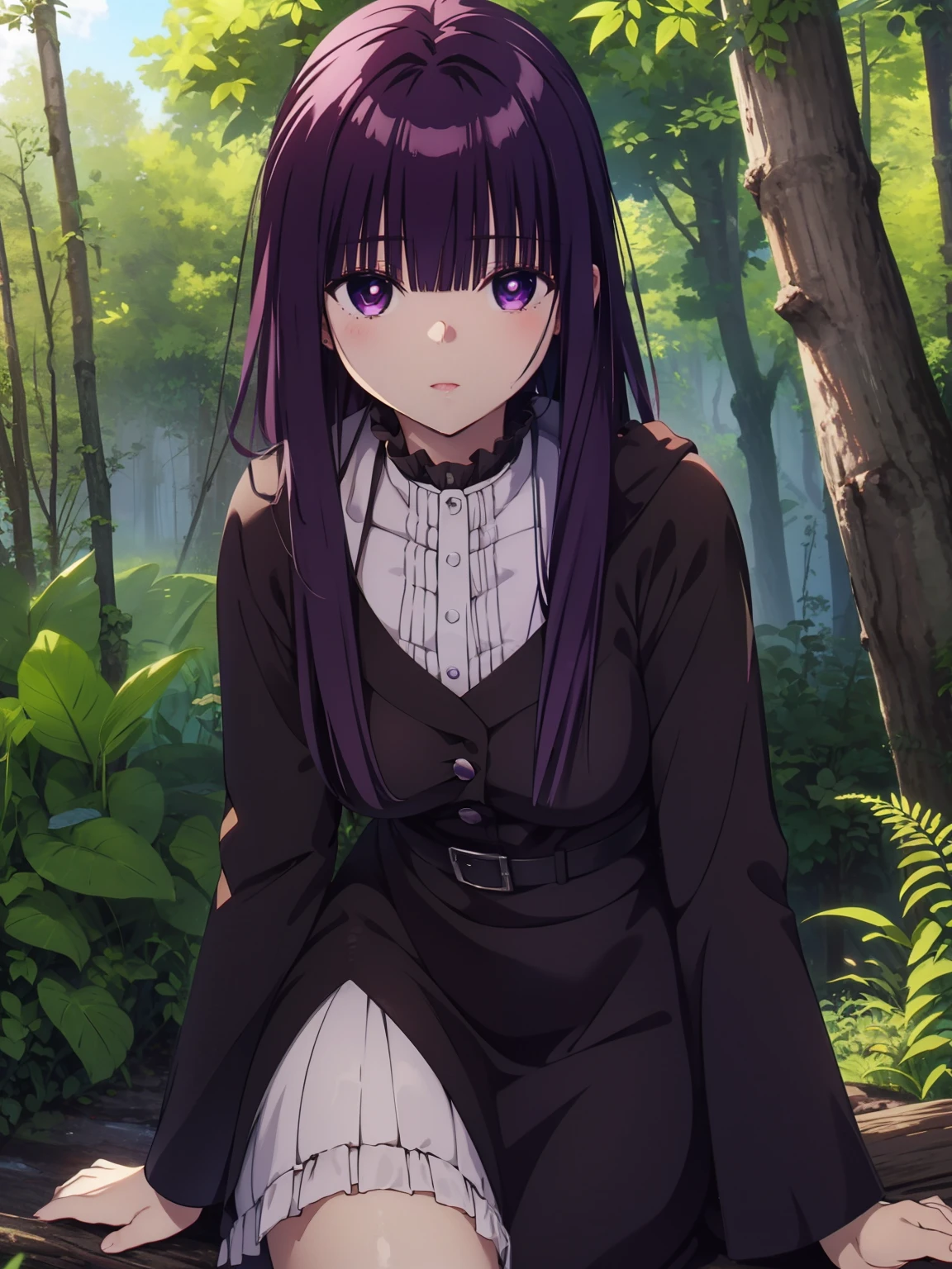 freirenFern, Fern, purple hair, long hair, purple eyes, dull bangs, side lock, half up hair, bright pupils, (big breasts, 1 girl), Ruffled collar, black robe, white dress, center ruffle, button, wide sleeve, long sleeve, crooked, Ruffled collar, BREAK&#39;s masterpiece, highest quality, High resolution, 8K, official art, super resolution, very detailed and beautiful, very detailed, Incredibly detailed, very detailed美しい女の子, very detailed顔, very detailed目, very detailed肌, very detailed指, very detailed鼻, very knowledgeable mouth, Perfect Anatomy BREAK Full Body Shot, look down, Pray BREAK HILL, nature, forest, very detailed CG unity 16k, Very detailed 16KCG wallpaper
