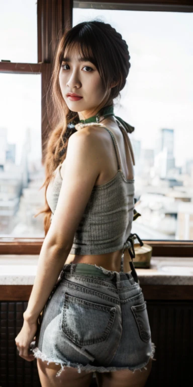 original photo,A sexy girl on the couch,green leather jacket,Lace tank top,Transparent lace skirt,rim light,lace choker, clavicle, beautiful face,tattoo,belly button, Thin waist and wide hips,long legs,Idol, depth of field, tilt, reflective,lifelike, ultra high resolution, high quality,soft light,best quality,masterpiece,8K,Super real,