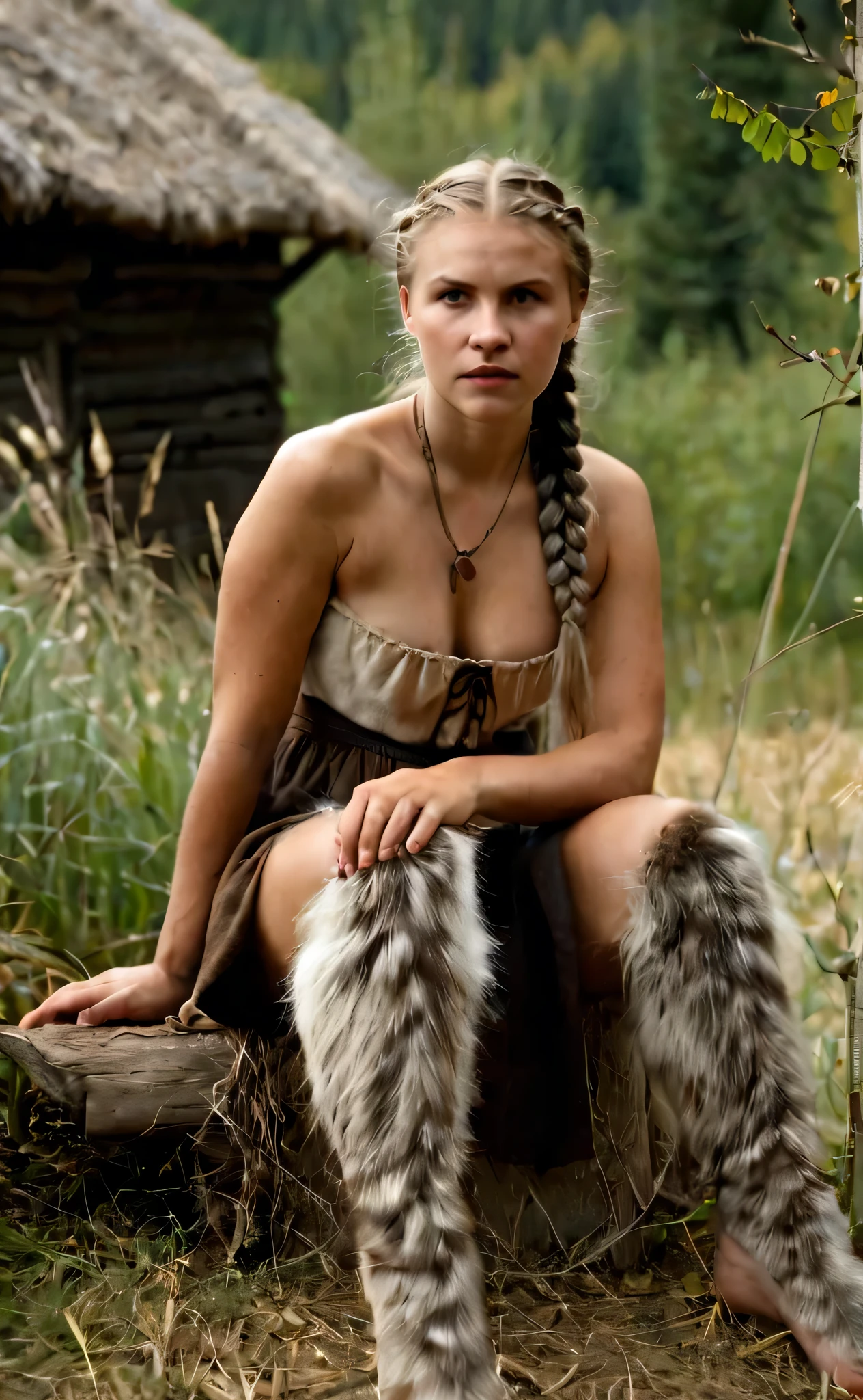 Filmstill, junge Frau, Peasant costume, ((Sitzung)), graue Cornrows, Wolfsohren, wolf tail, wolf legs, poor, Upper body naked 